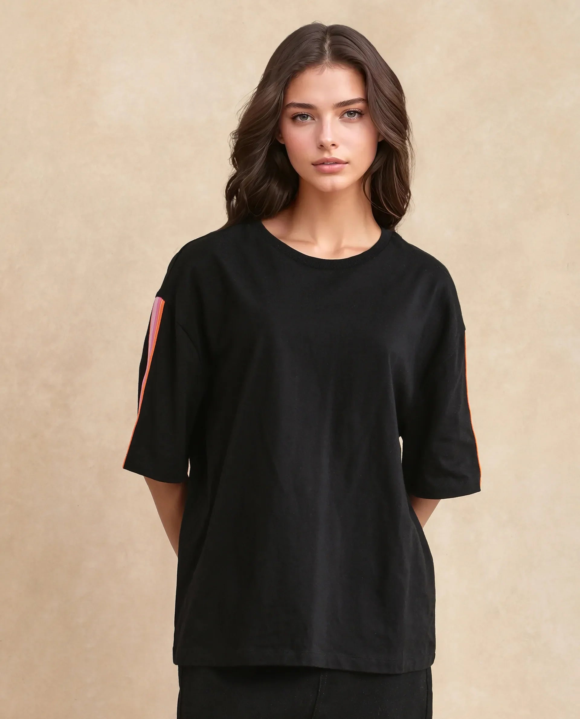 Rareism Women's Nonwen T Black Polyester Blend Crew Neck Striped Oversized T-Shirt Oversize