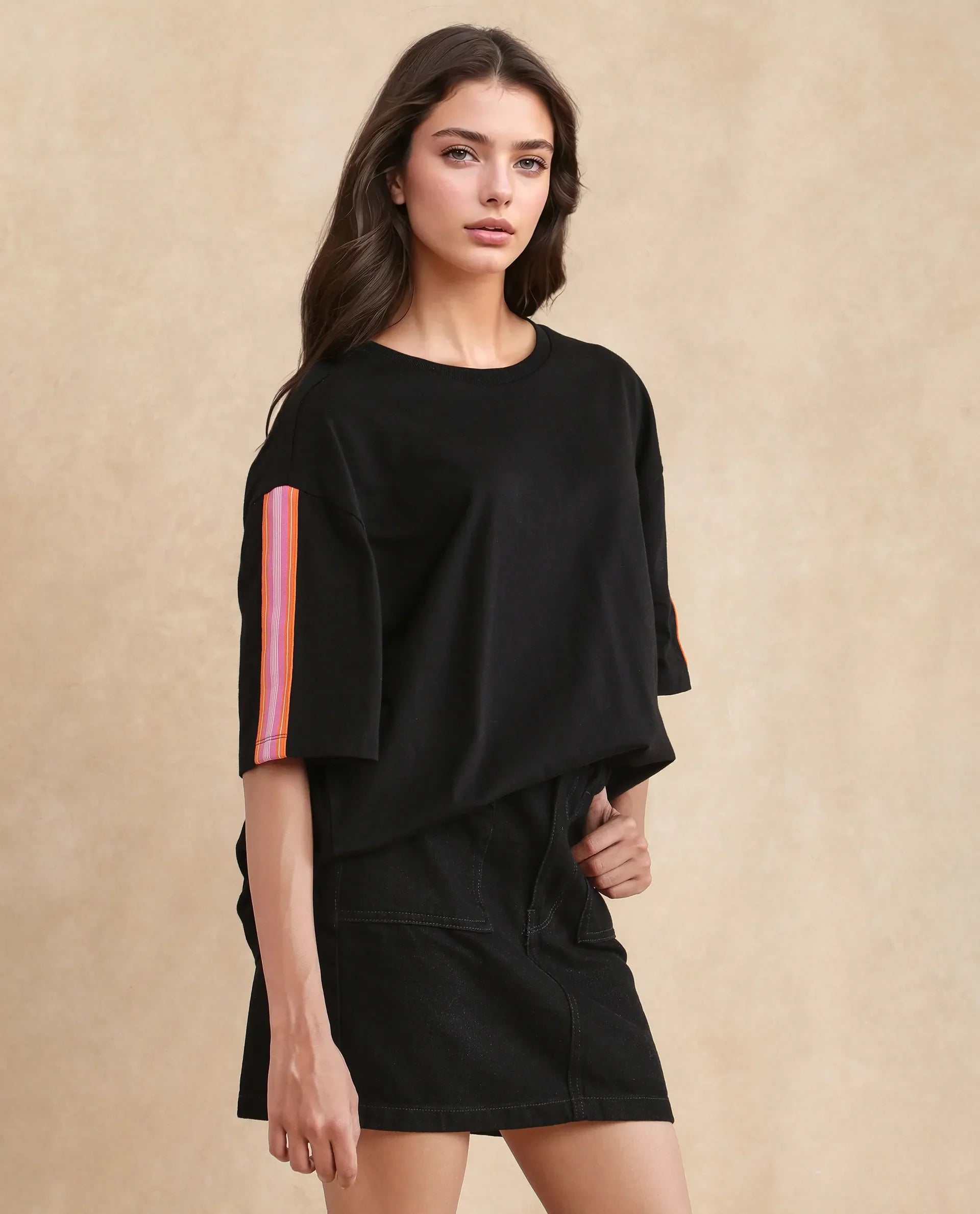 Rareism Women's Nonwen T Black Cotton Blend Crew Neck Striped Oversized T-Shirt Oversize