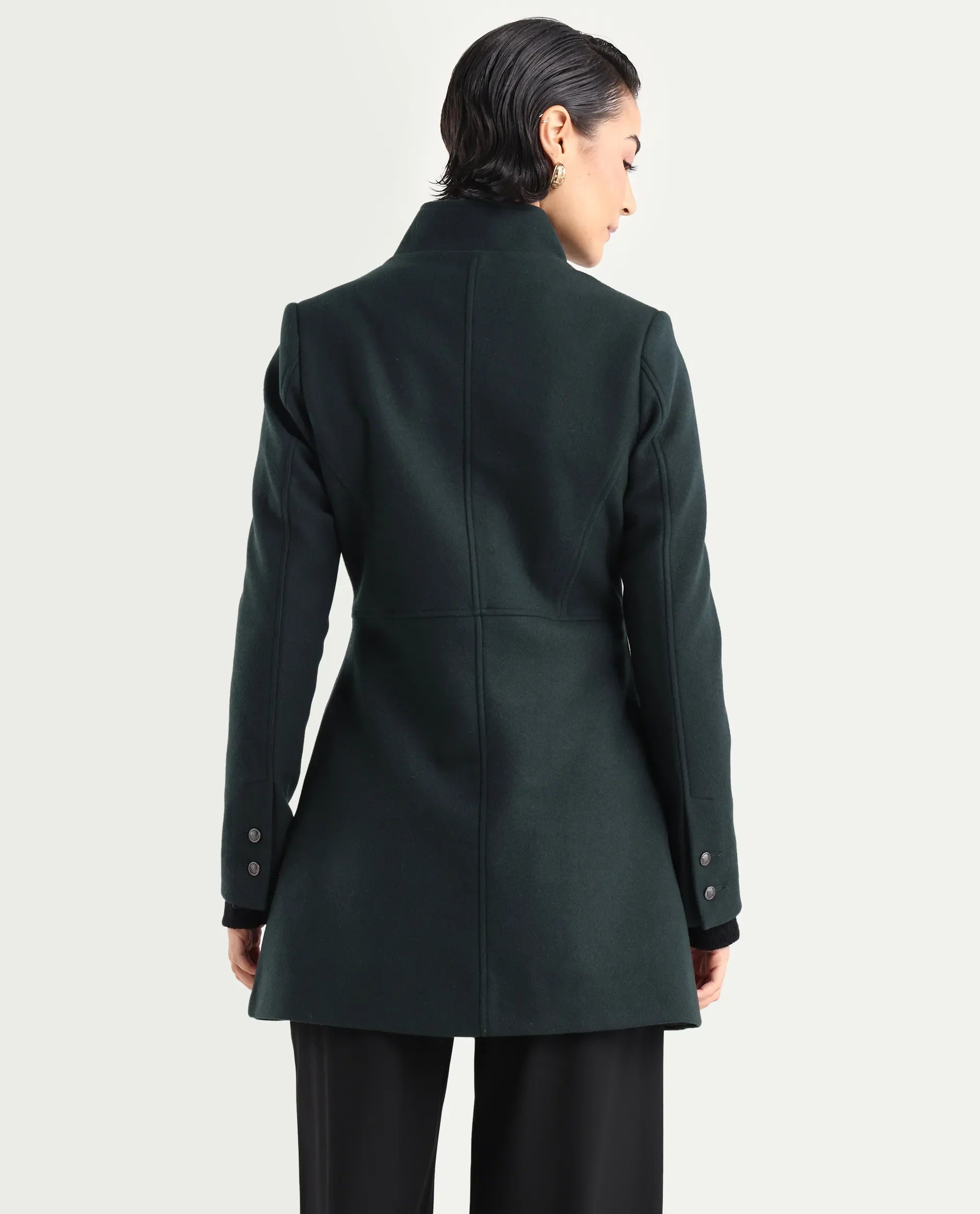 Rareism Women's Norint Dark Teal Polyester Blend Mandarin Collar Fitted Coat