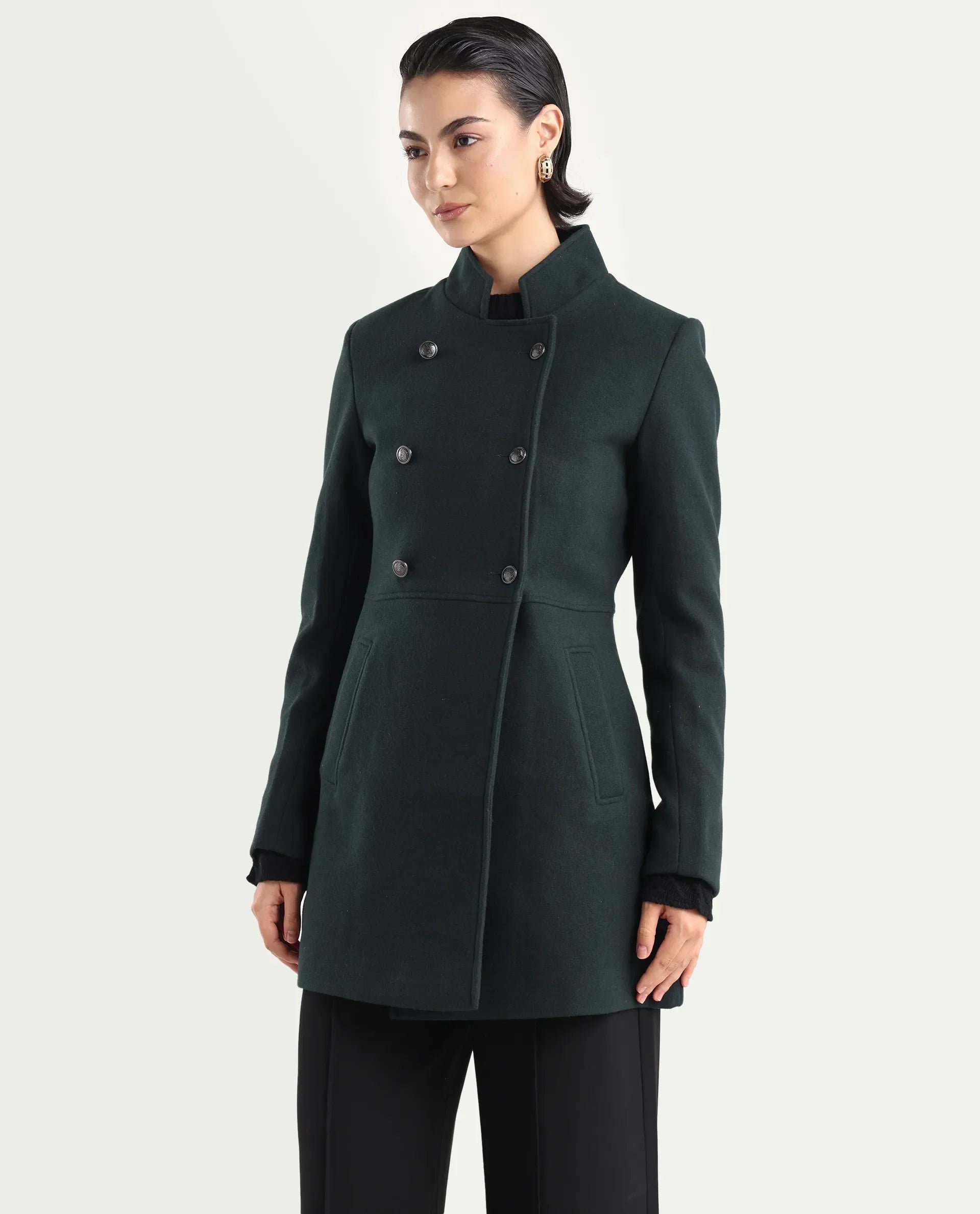Rareism Women's Norint Dark Teal Polyester Blend Mandarin Collar Fitted Coat