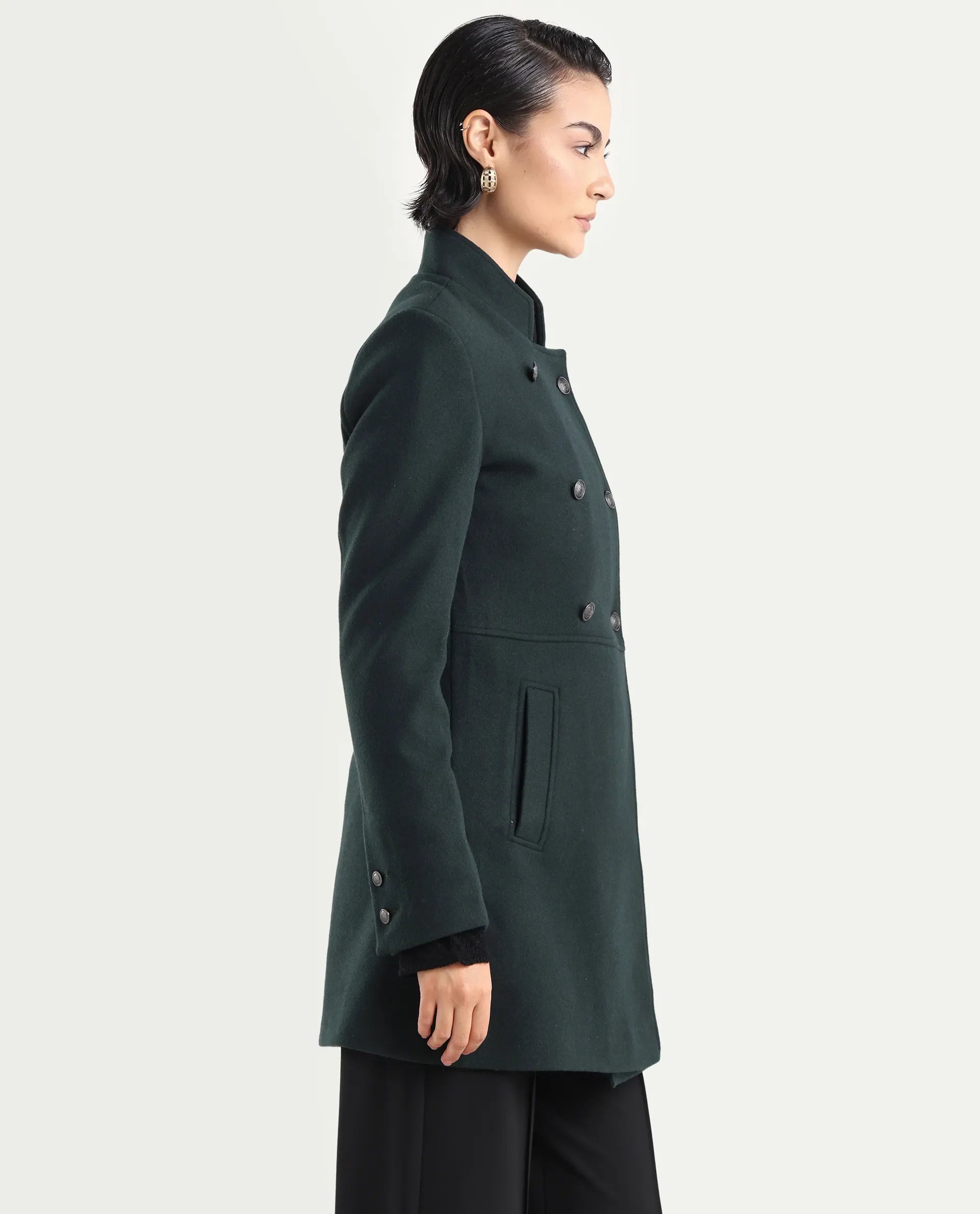 Rareism Women's Norint Dark Teal Polyester Blend Mandarin Collar Fitted Coat