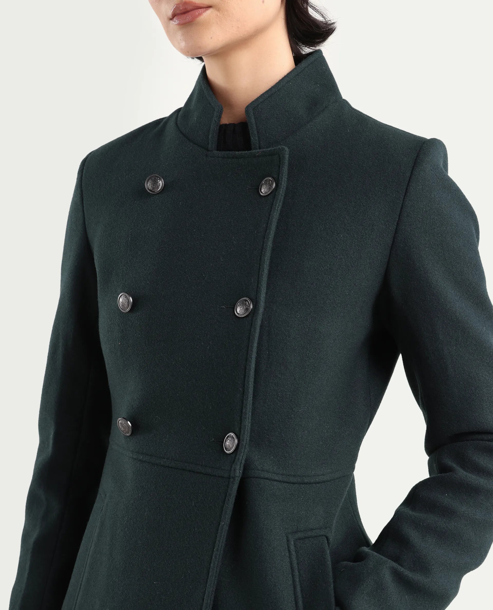 Rareism Women's Norint Dark Teal Polyester Blend Mandarin Collar Fitted Coat