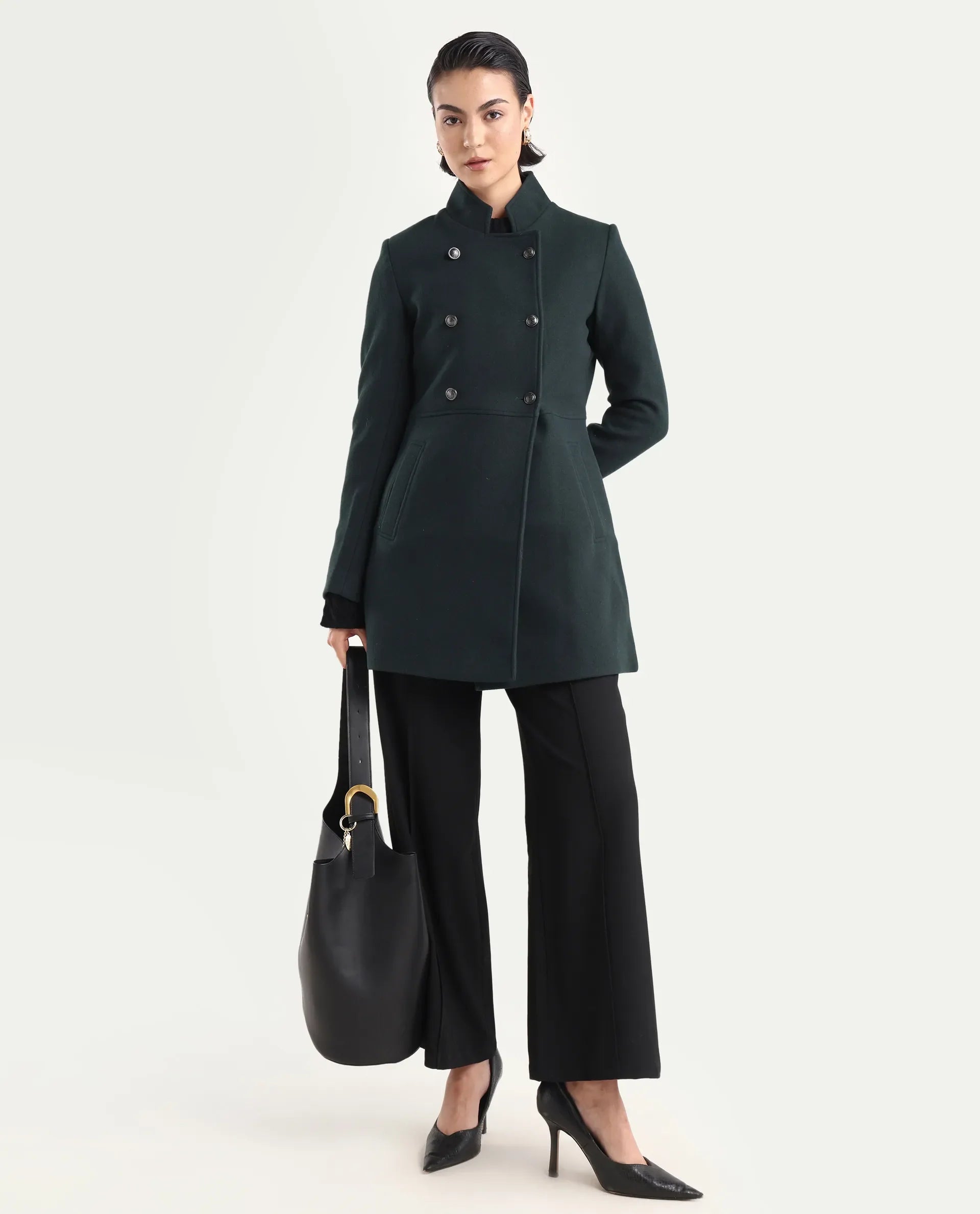 Rareism Women's Norint Dark Teal Polyester Blend Mandarin Collar Fitted Coat