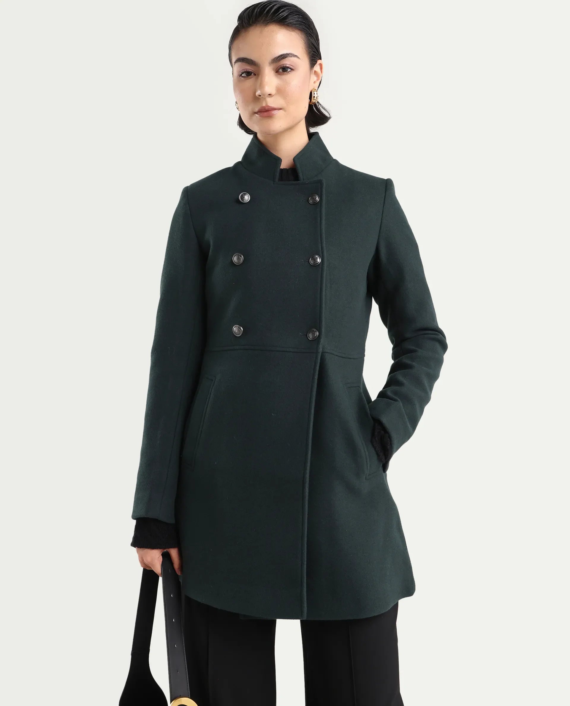 Rareism Women's Norint Dark Teal Polyester Blend Mandarin Collar Fitted Coat