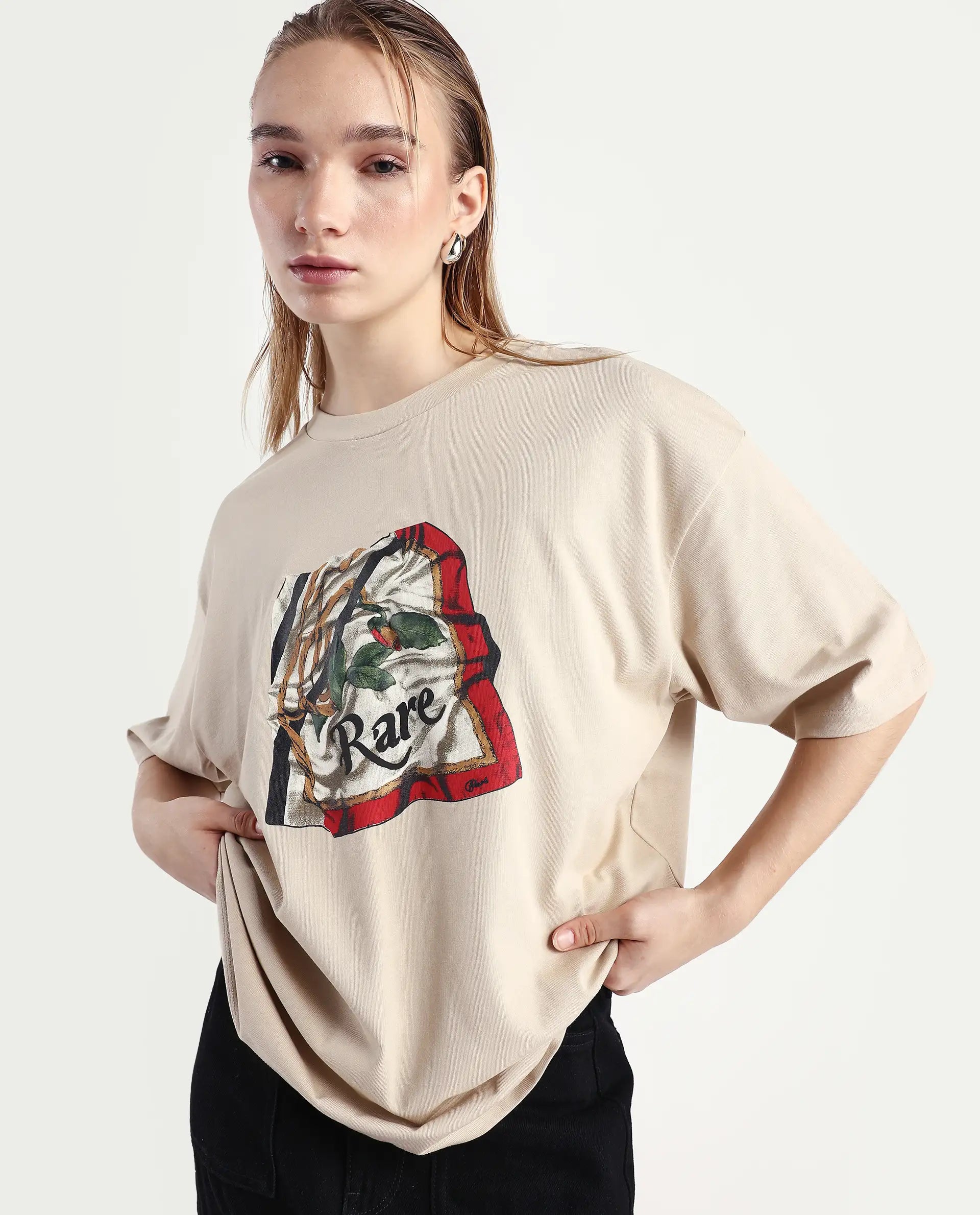 Rareism Women's Nouv Beige Cotton Crew Neck Oversized Fit T-Shirt