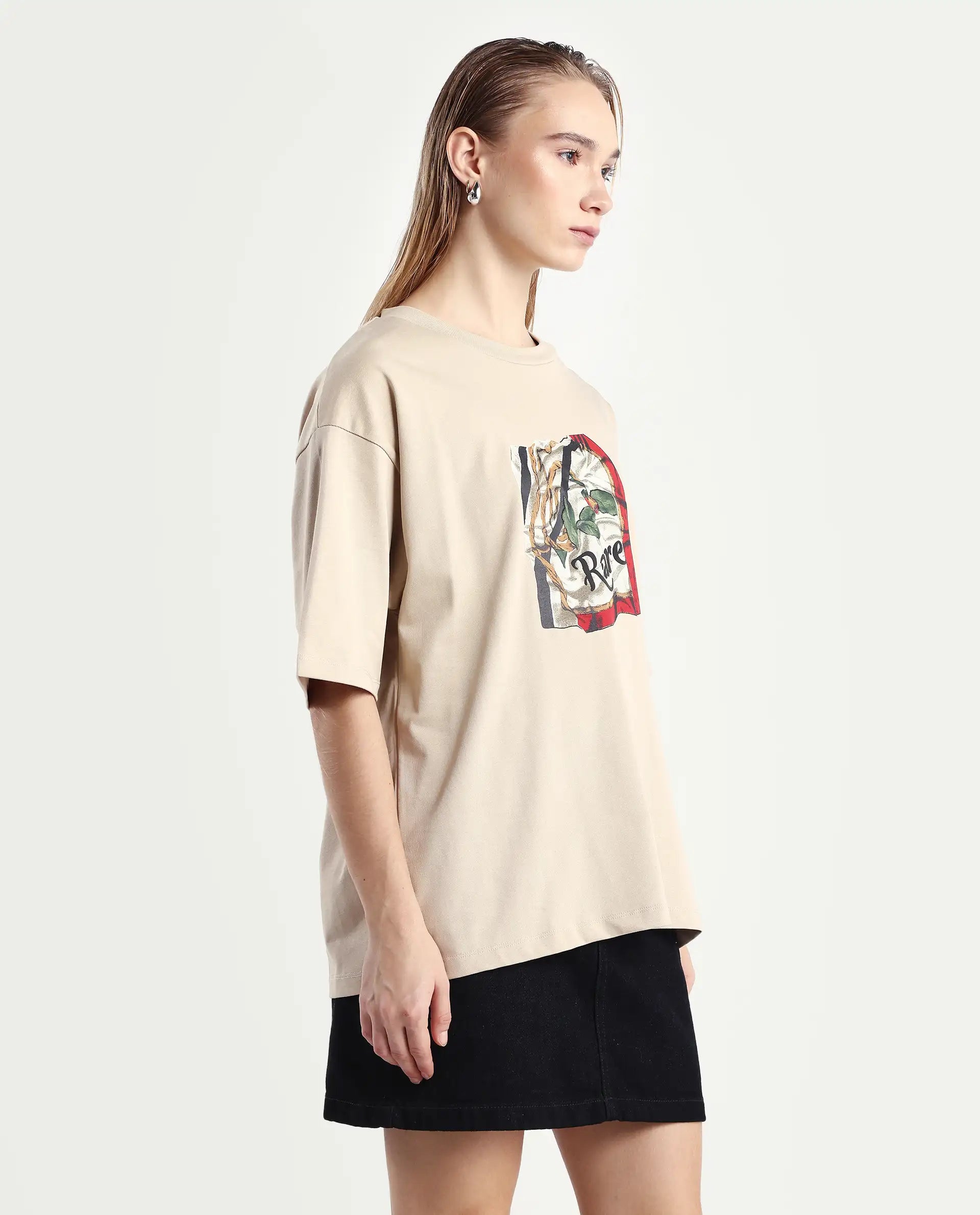 Rareism Women's Nouv Beige Cotton Crew Neck Oversized Fit T-Shirt
