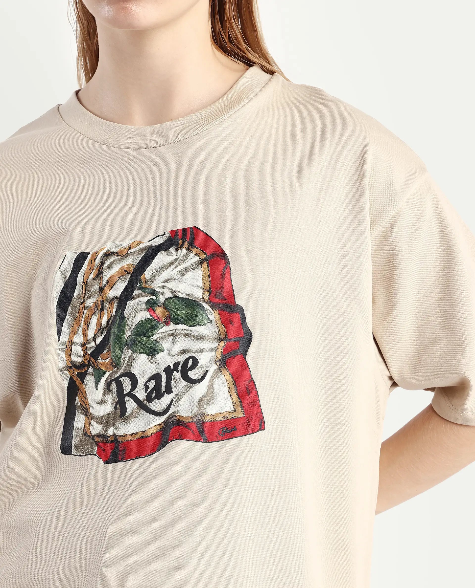 Rareism Women's Nouv Beige Cotton Crew Neck Oversized Fit T-Shirt