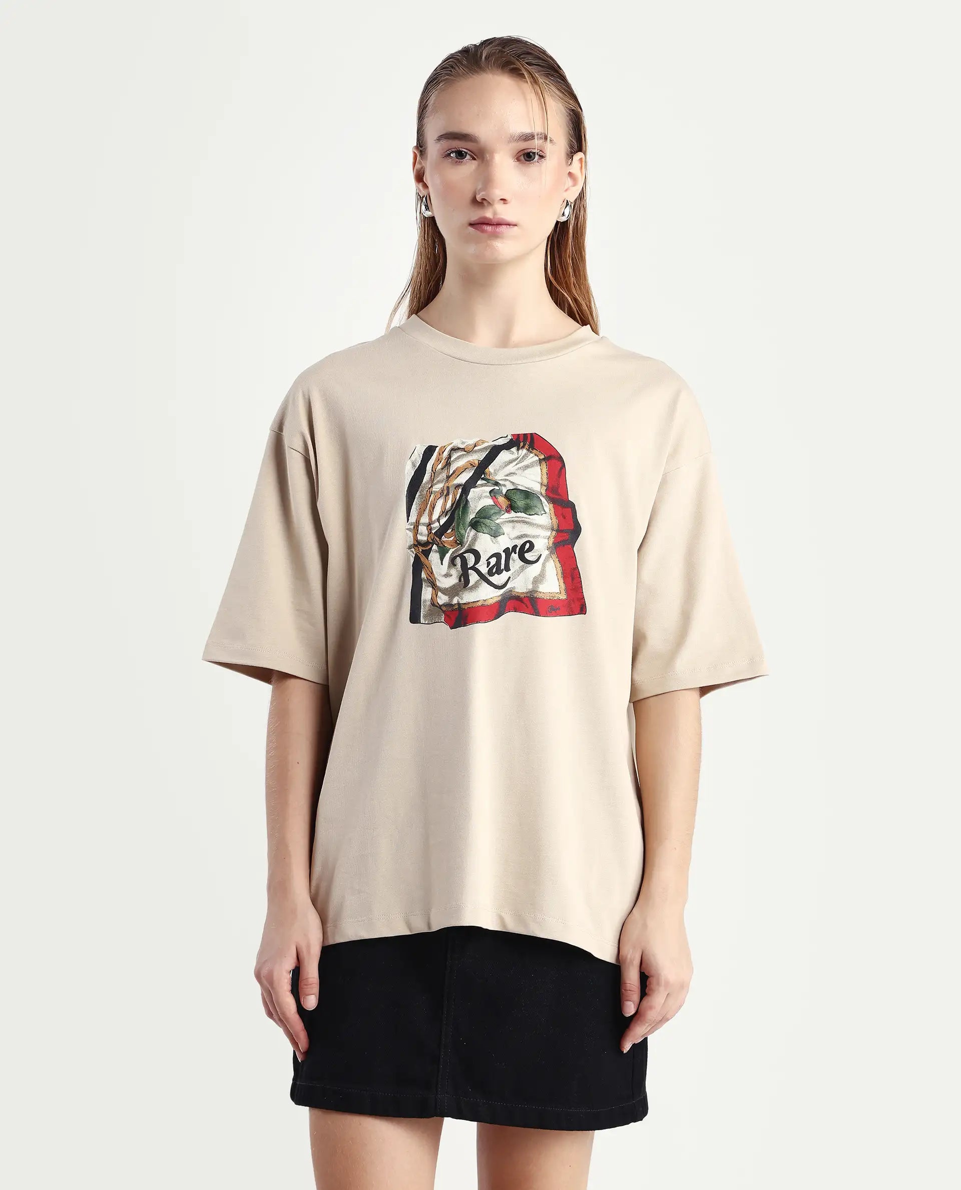 Rareism Women's Nouv Beige Cotton Crew Neck Oversized Fit T-Shirt