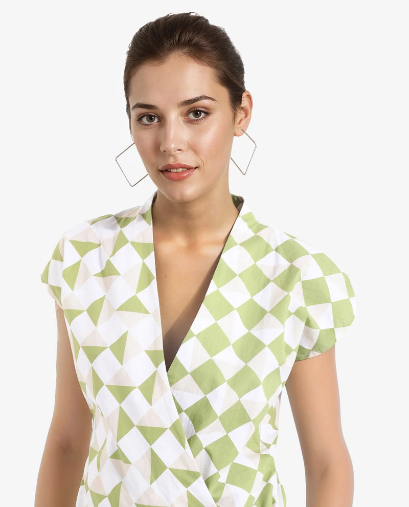 Rareism Women Novarna Light Green Extended Sleeves Over Lap Neck Button Closure Geometric Print Top