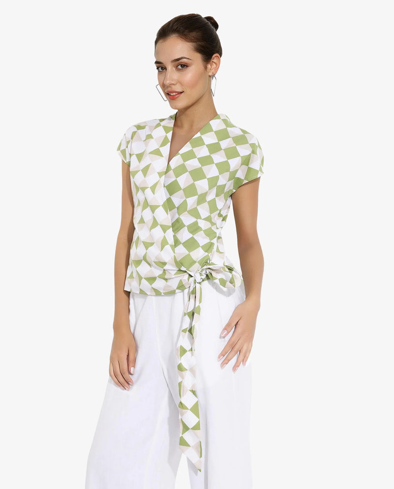 Rareism Women Novarna Light Green Extended Sleeves Over Lap Neck Button Closure Geometric Print Top