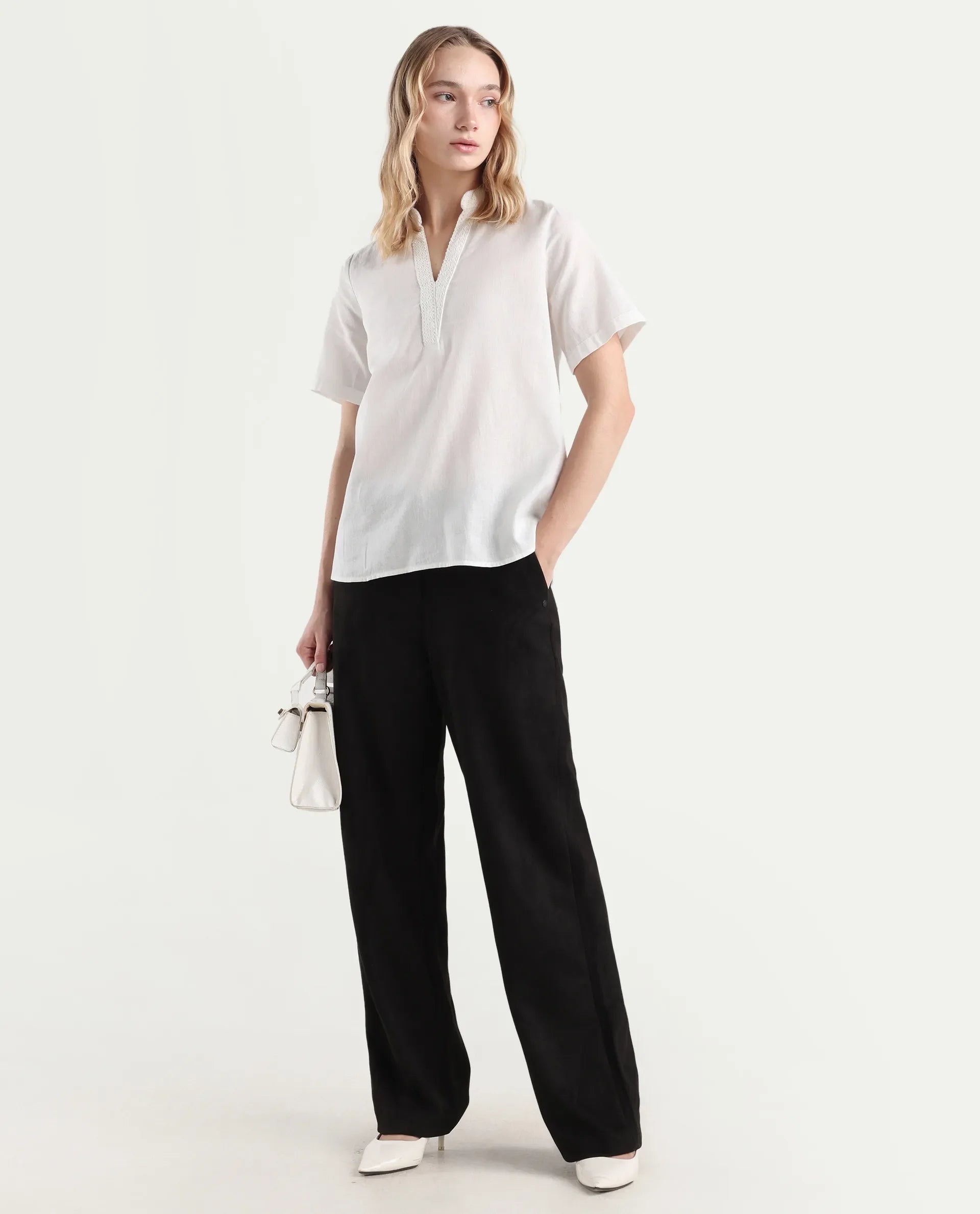 Rareism Women's Nubag Off White Cotton Blend Half Sleeve Mandarin Collar Regular Fit Top