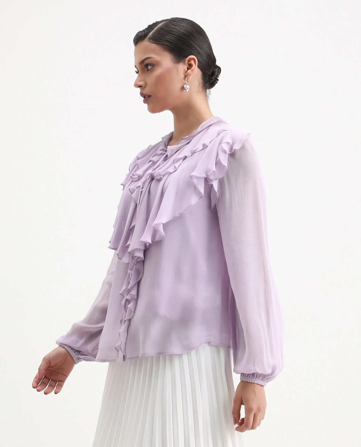 Rareism Women's Nubin Pastel Purple Polyester Bishop Sleeve Ruffled Neck Regular Fit Plain Top