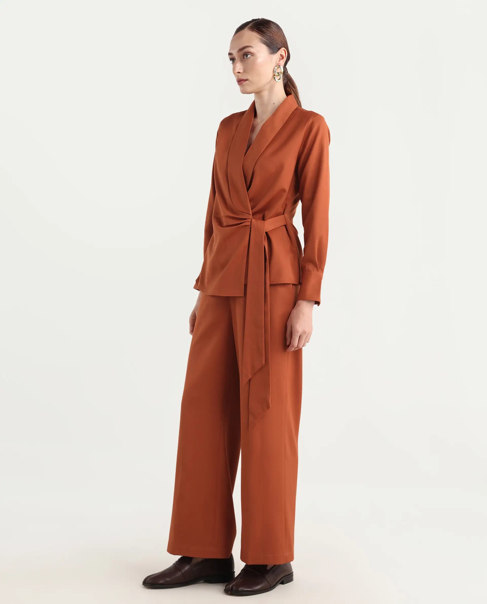 Rareism Women's Nublin-B Rust Polyester Blend Wide Trouser