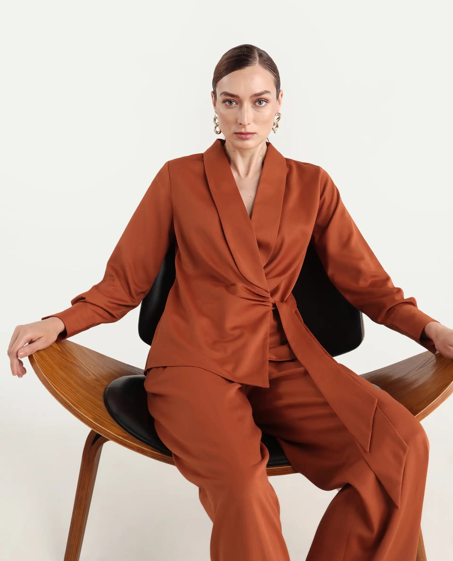 Rareism Women's Nublin-T Rust Polyester Blend Full Sleeve Lapel Neck Regular Fit Top