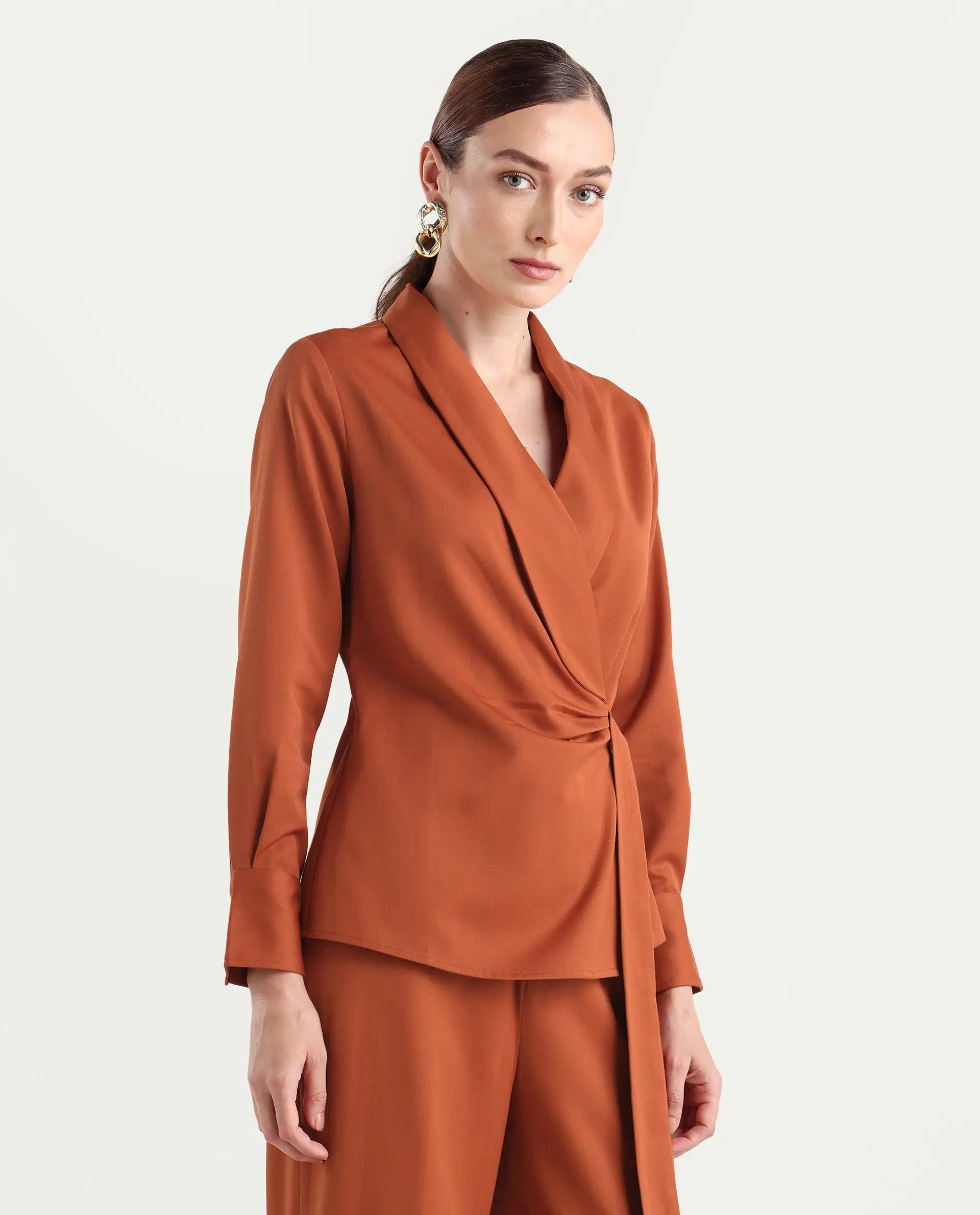 Rareism Women's Nublin-T Rust Polyester Blend Full Sleeve Lapel Neck Regular Fit Top