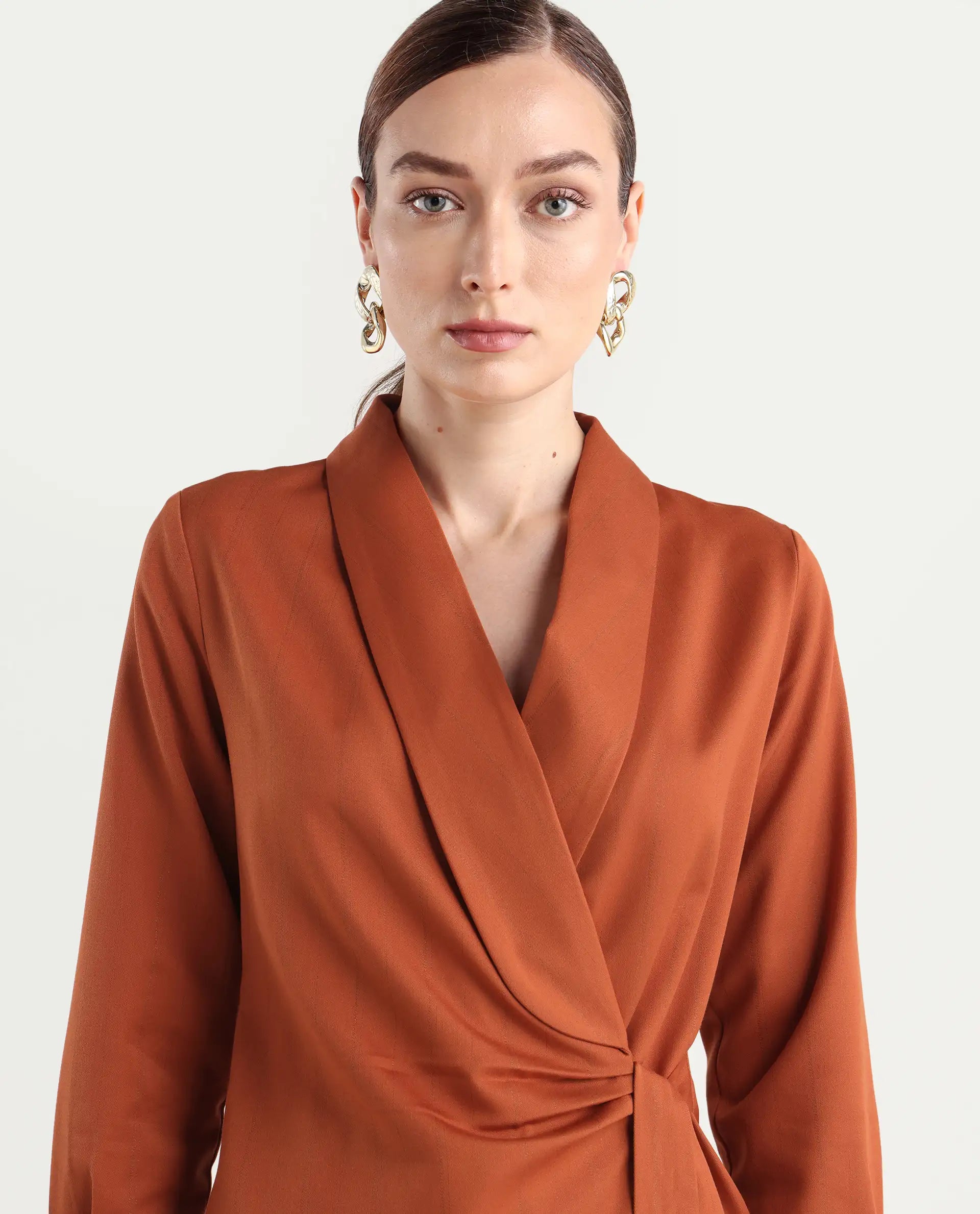 Rareism Women's Nublin-T Rust Polyester Blend Full Sleeve Lapel Neck Regular Fit Top