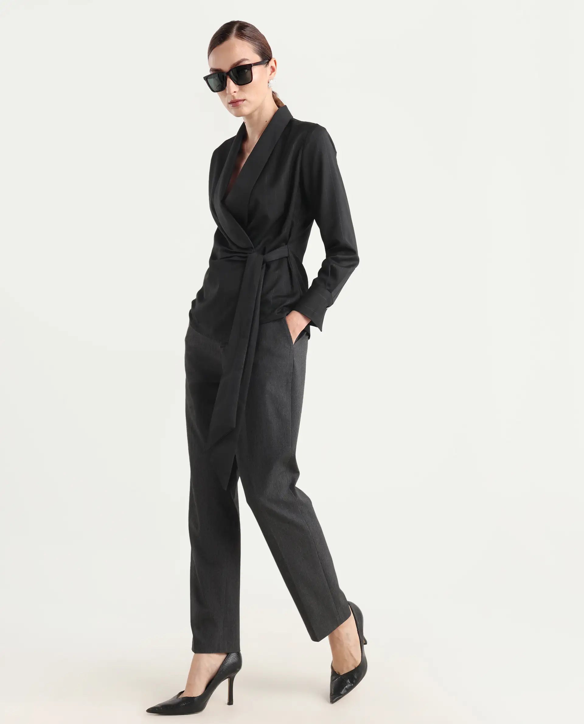 Rareism Women Nublin Black Cuffed Sleeve Lapel Neck Tie-Up Closure Plain Top