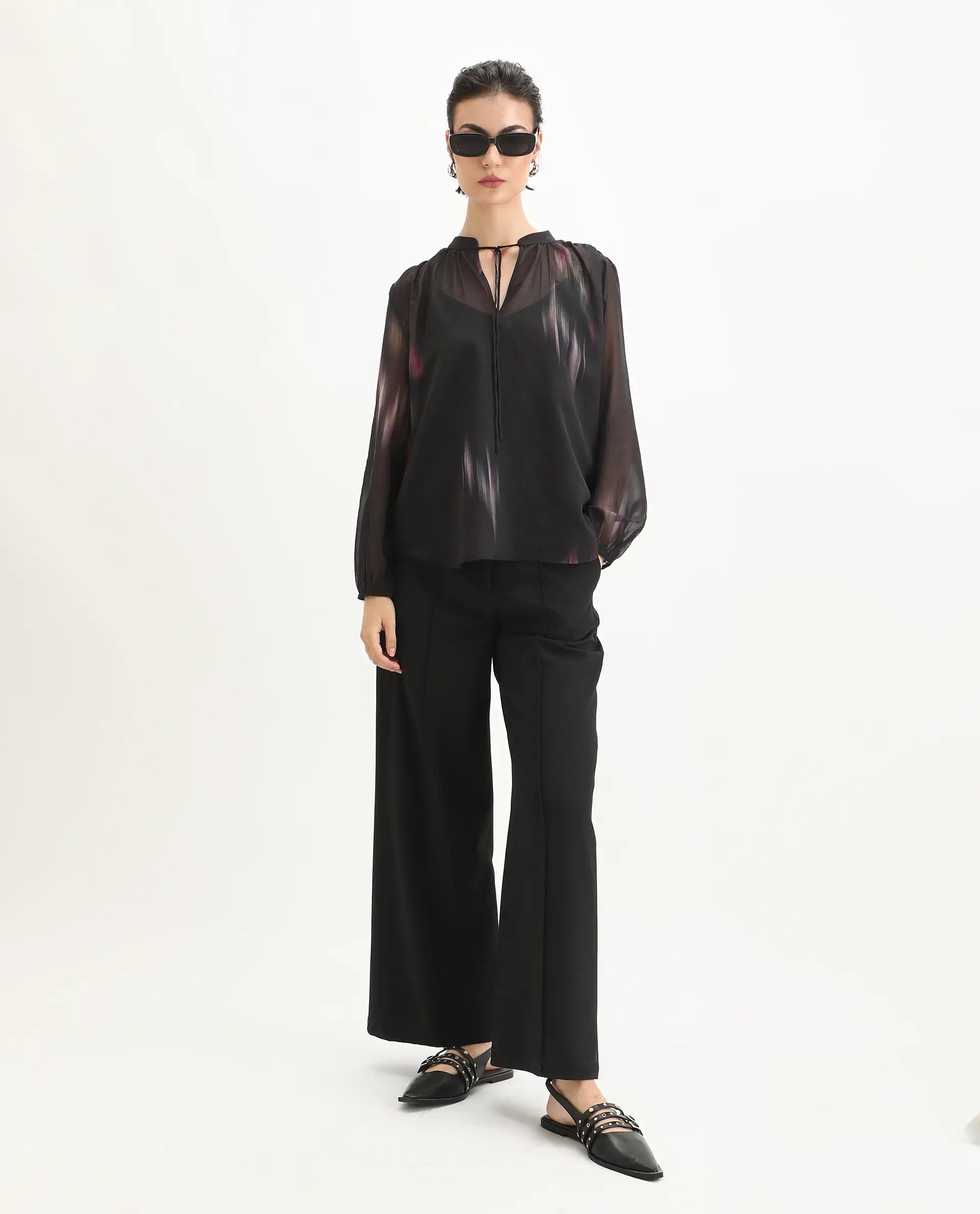 Rareism Women's Nucoso Black Polyester Full Sleeve V-Neck Relaxed Fit Top