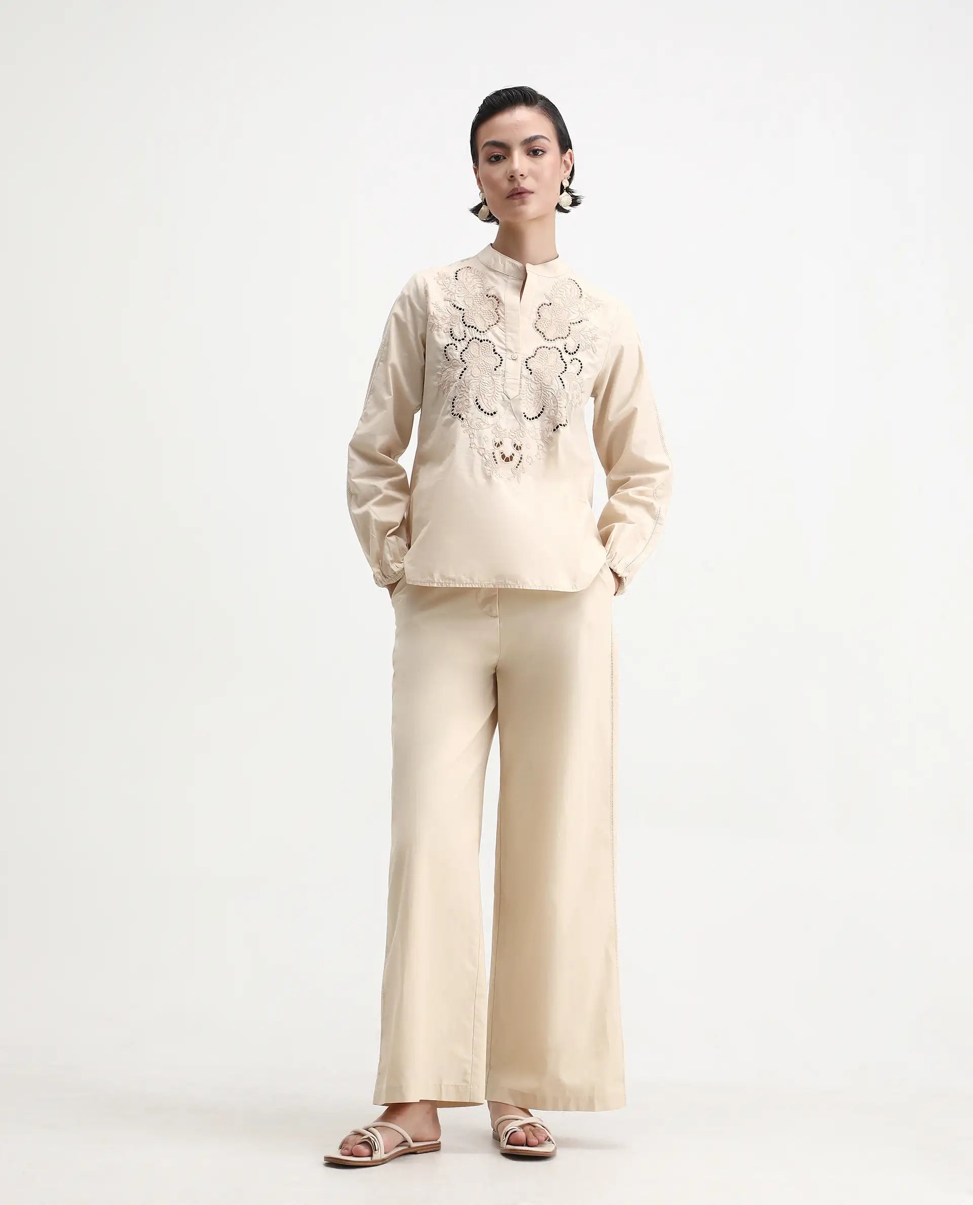 Rareism Women's Nucut-B Beige Cotton Straight Fit Trouser