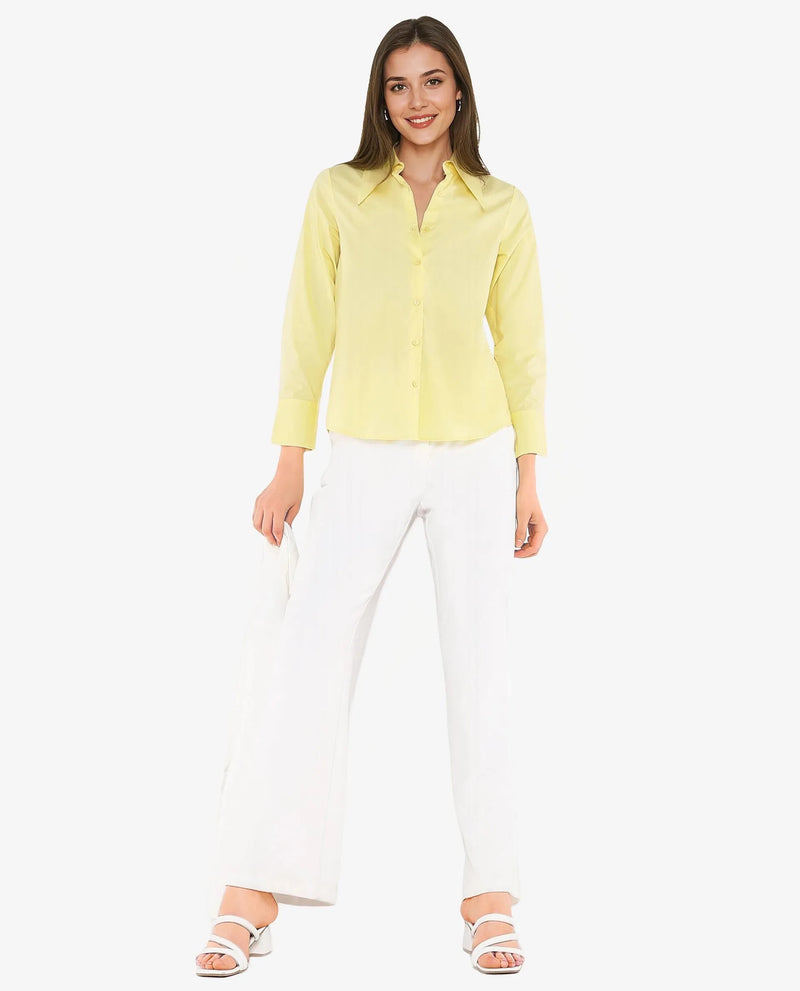 Rareism Women Nuda Yellow Poplin Fabric Full Sleeve Collared Neck Button Closure Plain Top