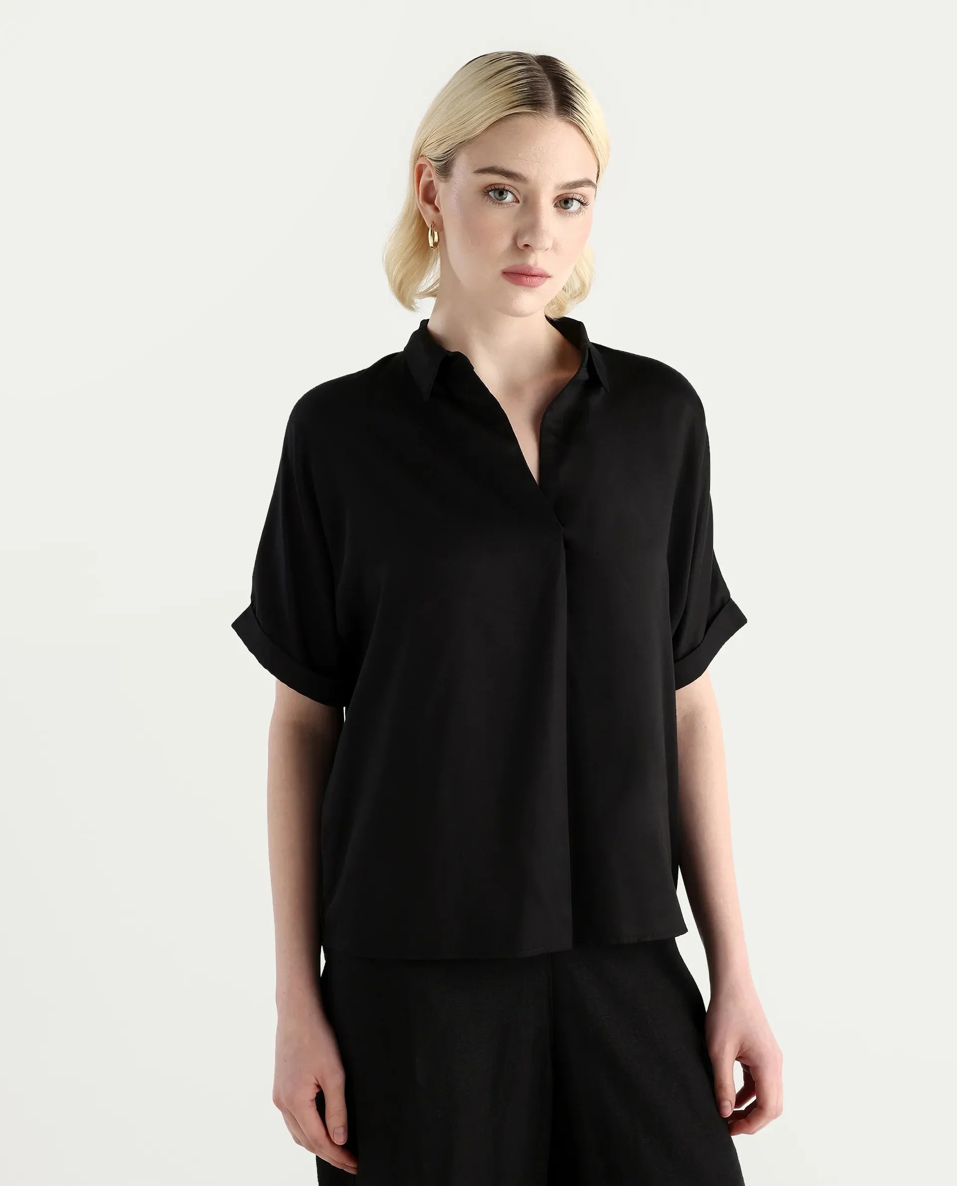 Rareism Women Nudim Black Extended Sleeves Jonny Collar Boxy Fit Plain Top
