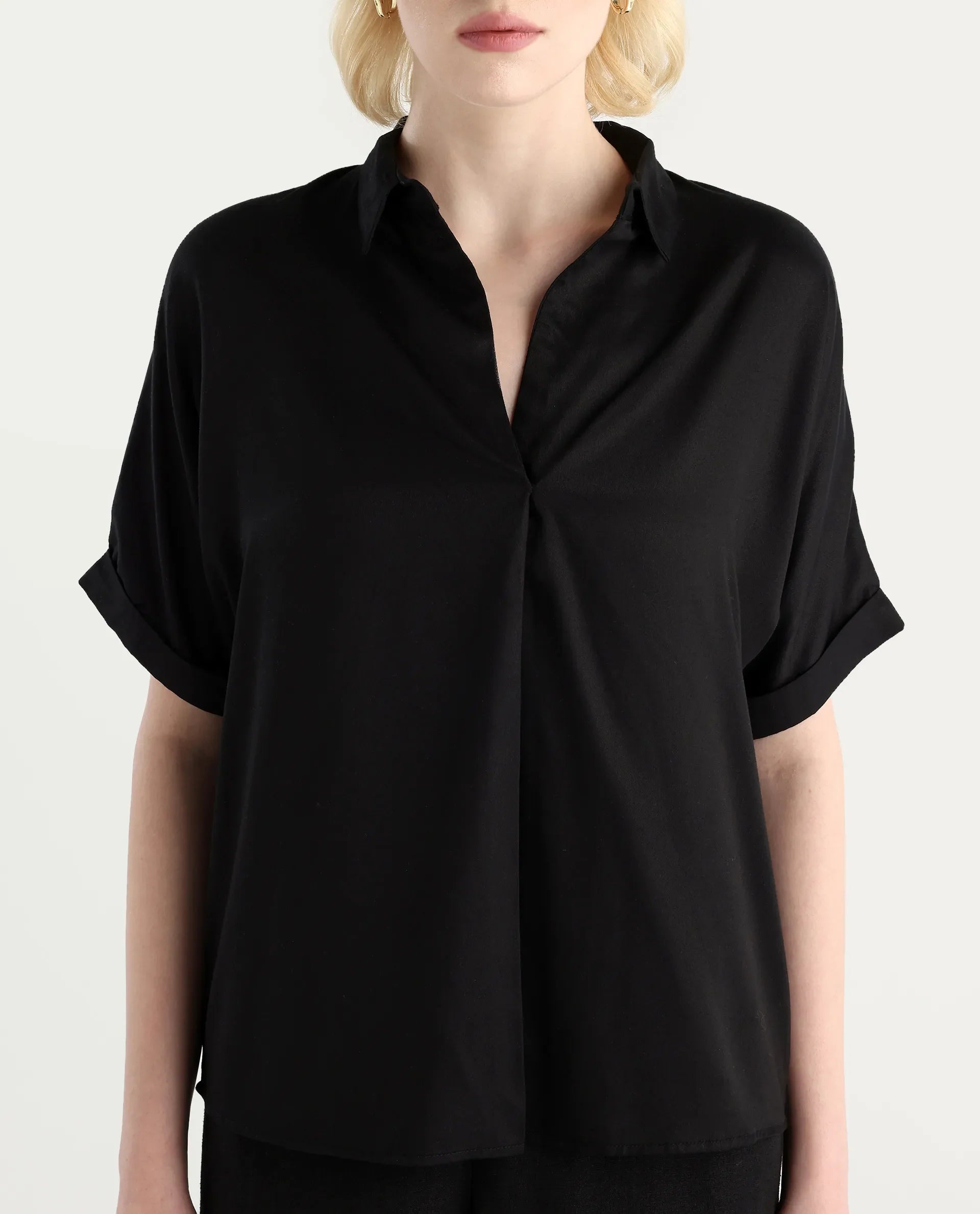 Rareism Women Nudim Black Extended Sleeves Jonny Collar Boxy Fit Plain Top