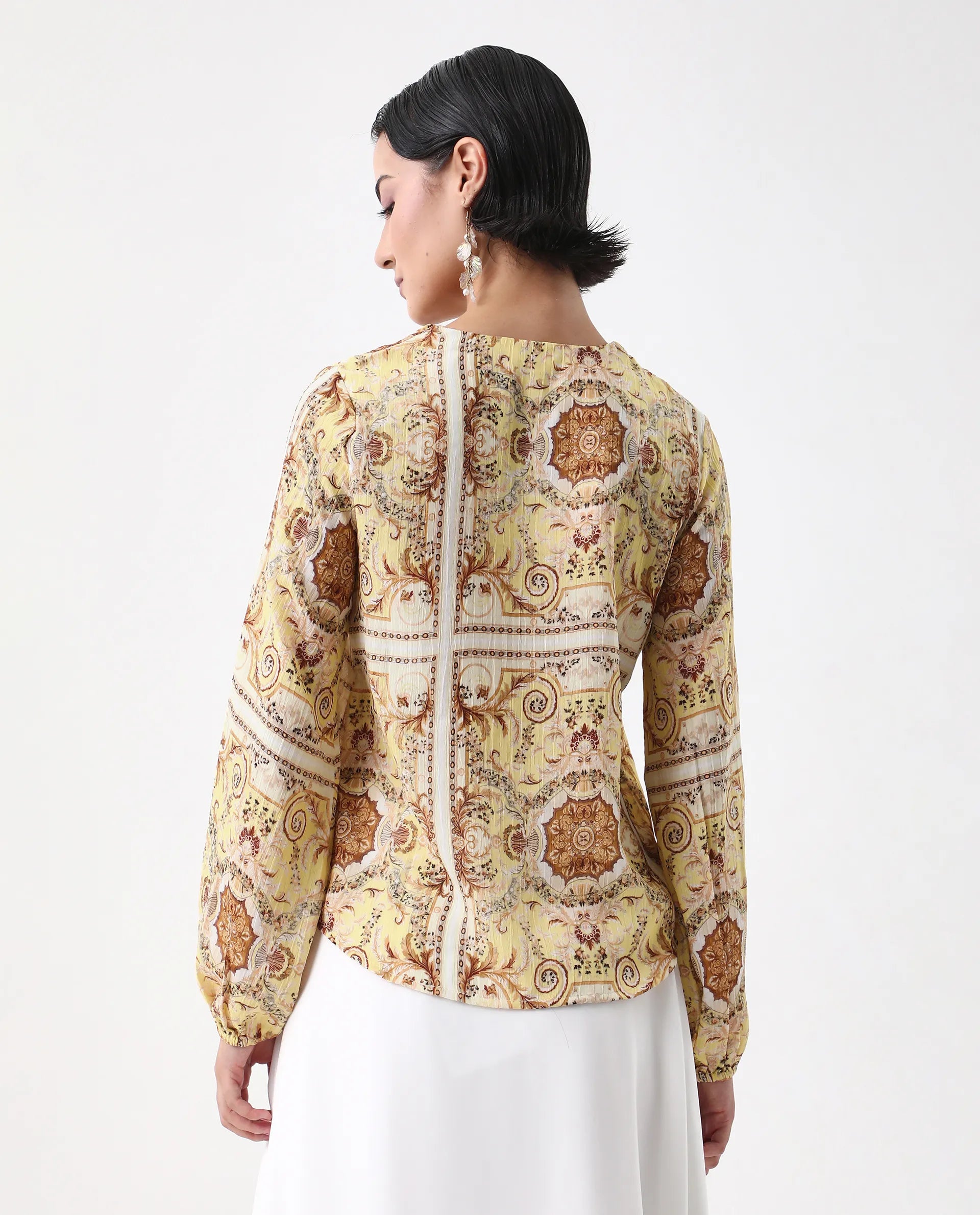 Rareism Women's Nueson Yellow Polyester Ruffled Neck Regular Fit Top