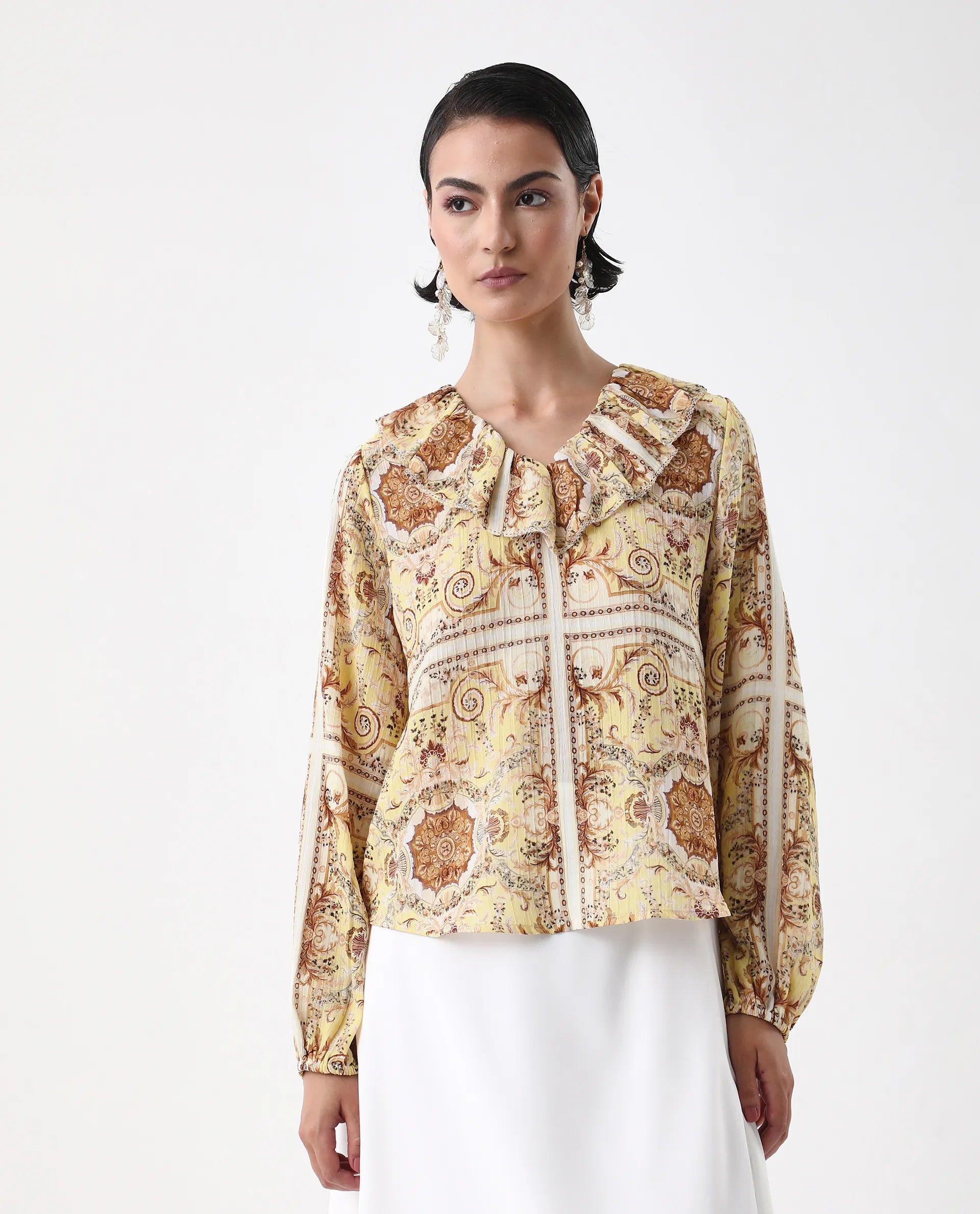 Rareism Women's Nueson Yellow Polyester Ruffled Neck Regular Fit Top