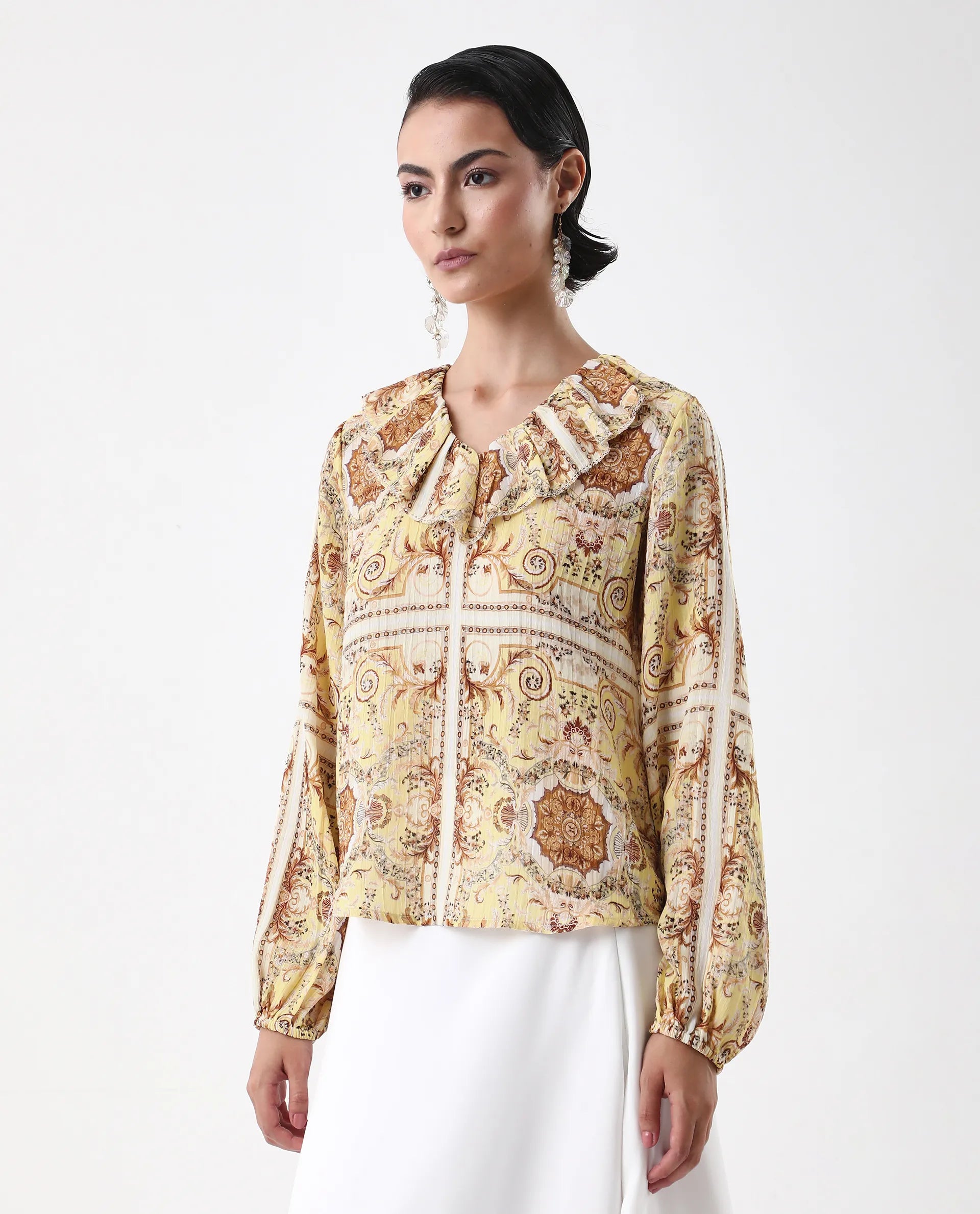 Rareism Women's Nueson Yellow Polyester Ruffled Neck Regular Fit Top