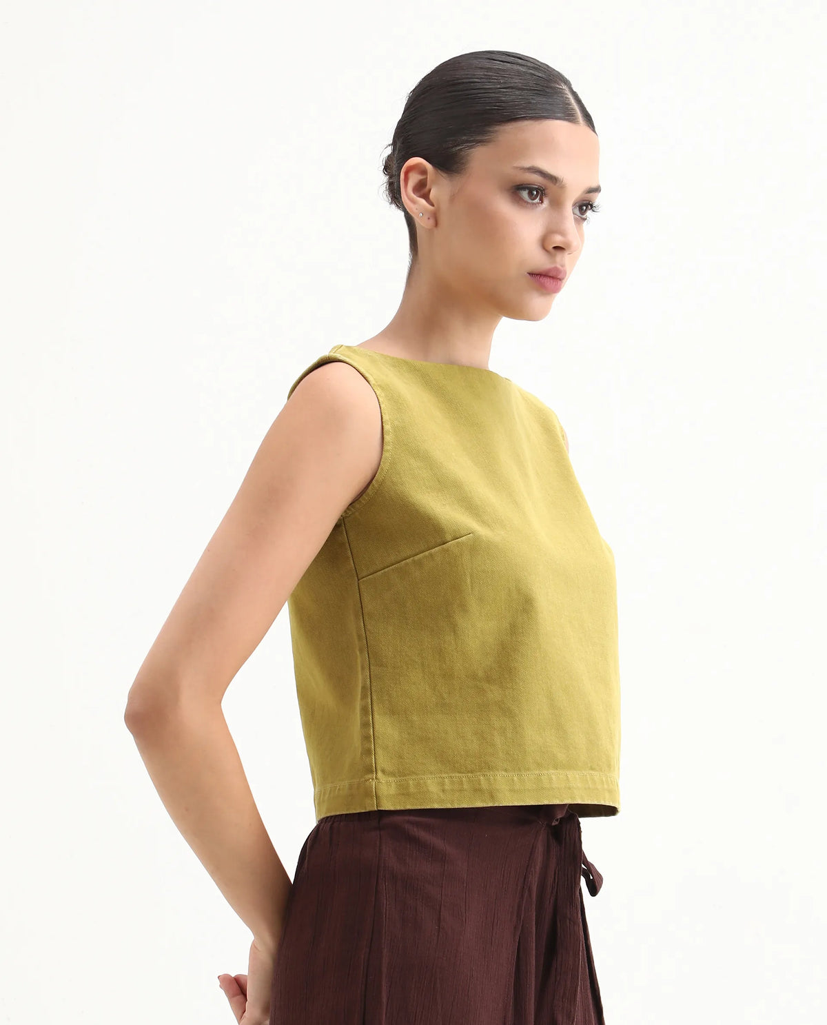 Rareism Women's Nufes-T Olive Cotton Boat Neck Boxy Fit Plain Top
