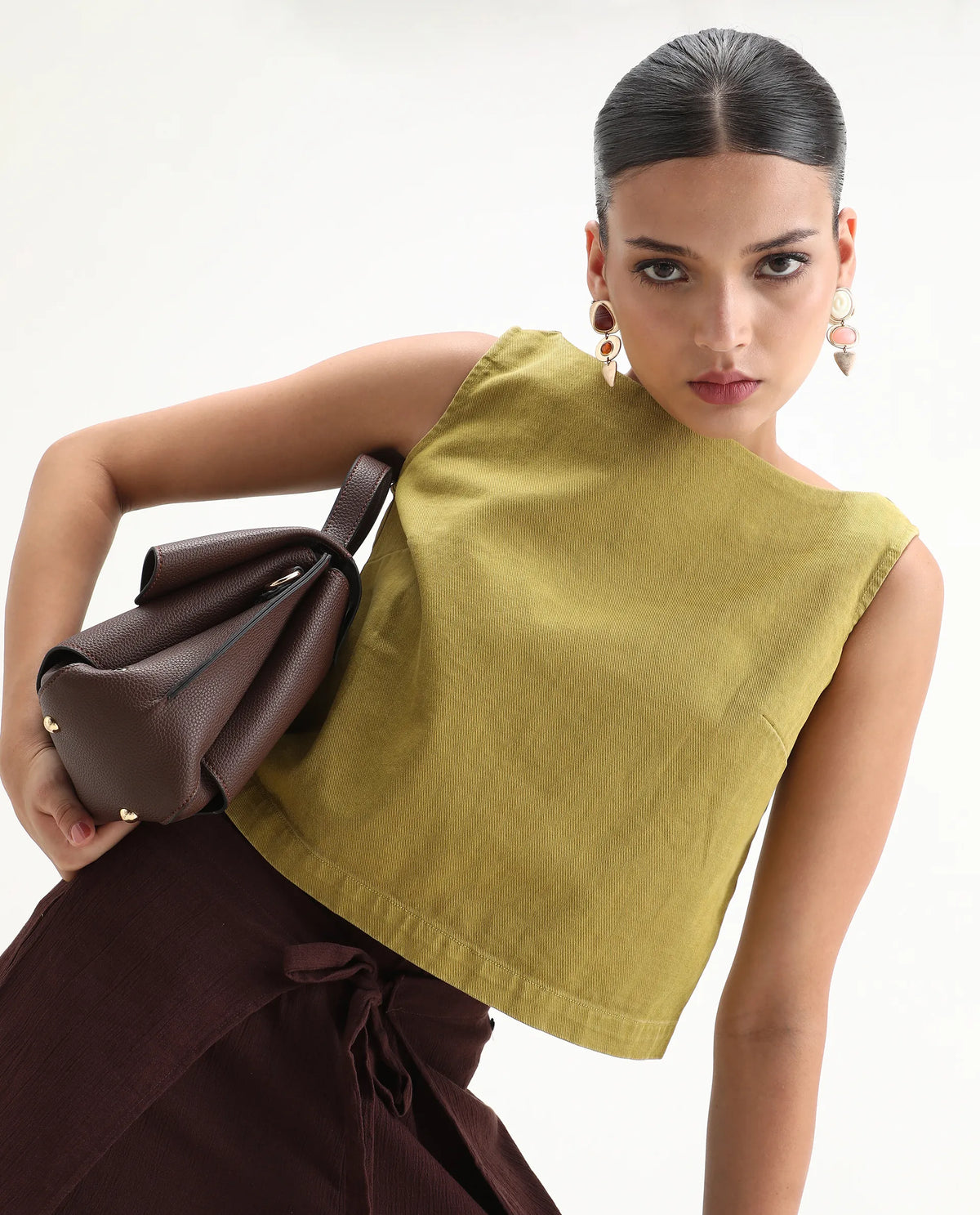 Rareism Women's Nufes-T Olive Cotton Boat Neck Boxy Fit Plain Top