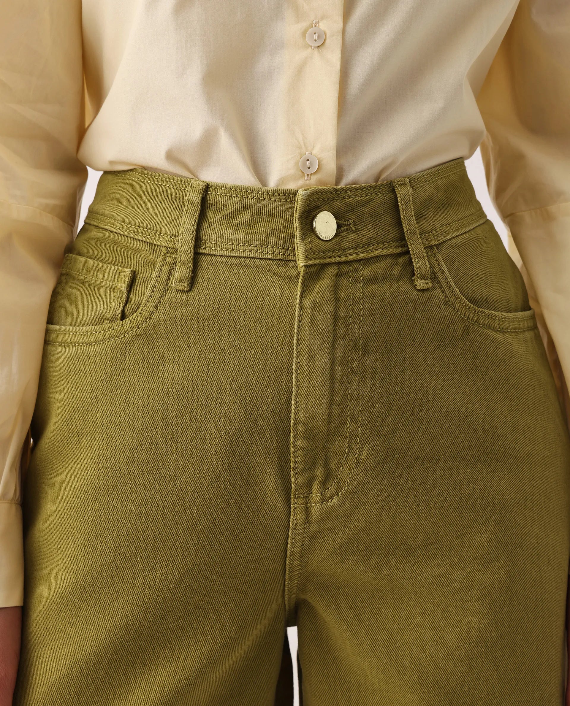 Rareism Women's Nufes B Olive Cotton Wide Ankle Length Plain Trouser