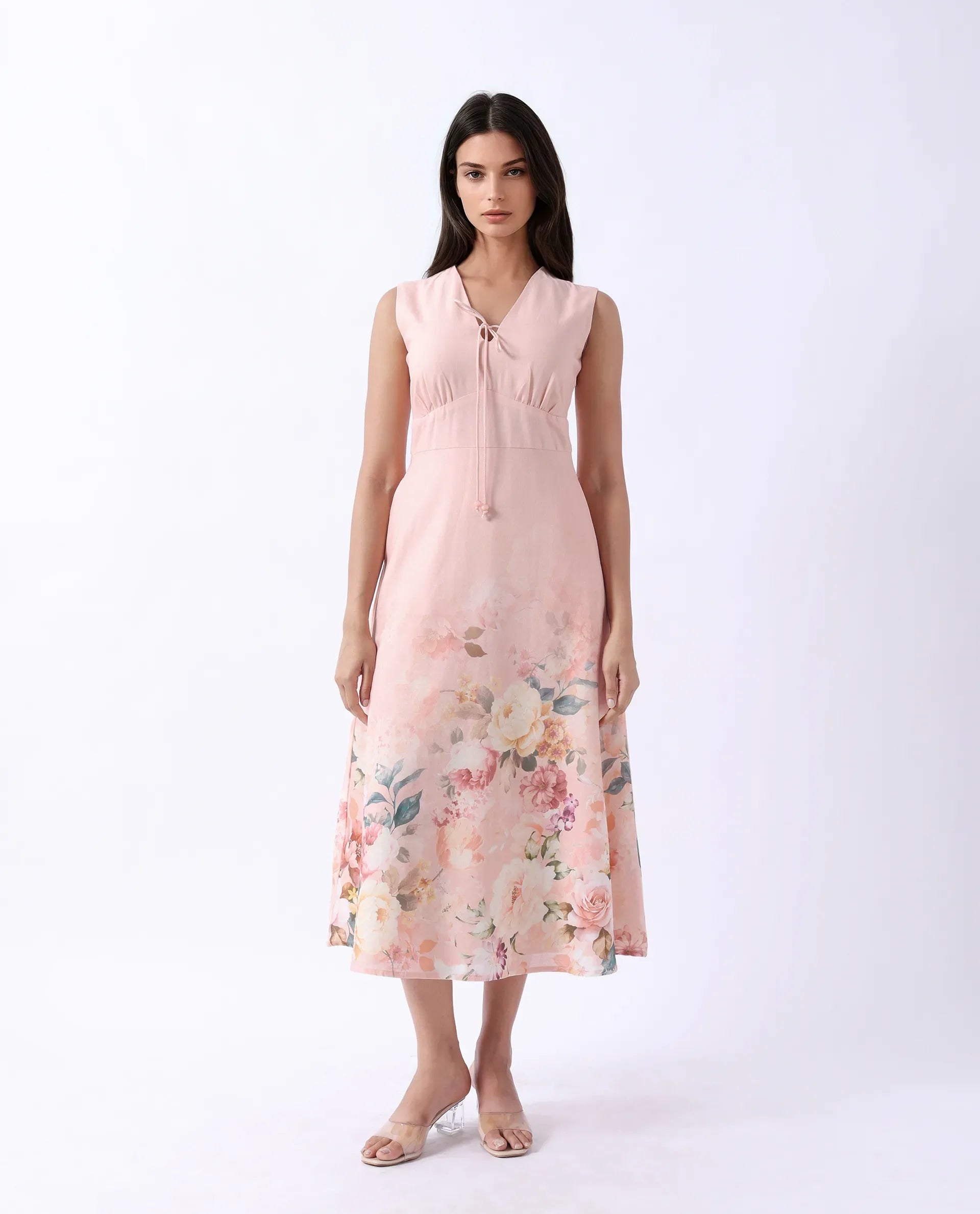 Rareism Women's Nugo Pink Viscose Blend V-Neck Floral Print Midi Dress