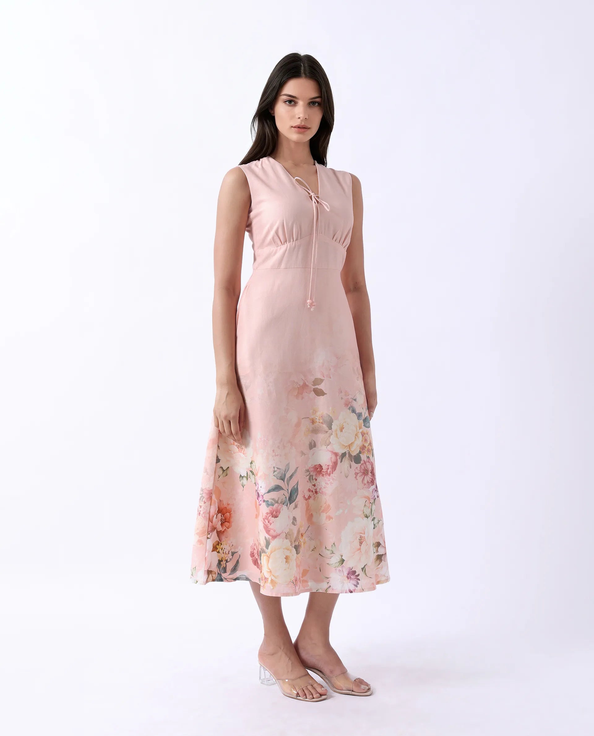 Rareism Women's Nugo Pink Viscose Blend V-Neck Floral Print Midi Dress