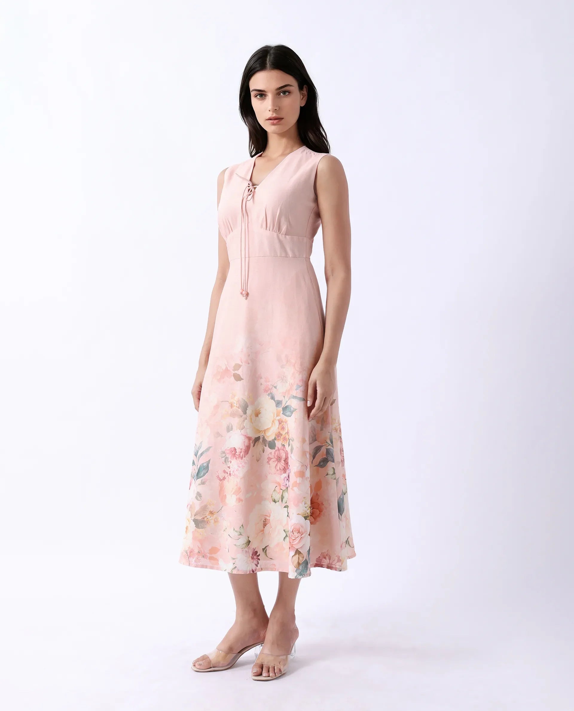 Rareism Women's Nugo Pink Viscose Blend V-Neck Floral Print Midi Dress