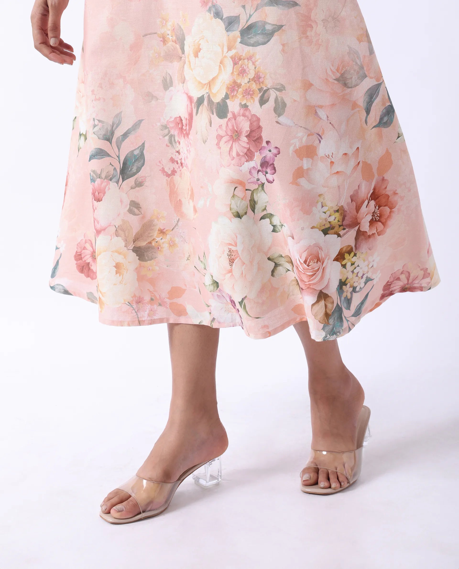 Rareism Women's Nugo Pink Viscose Blend V-Neck Floral Print Midi Dress