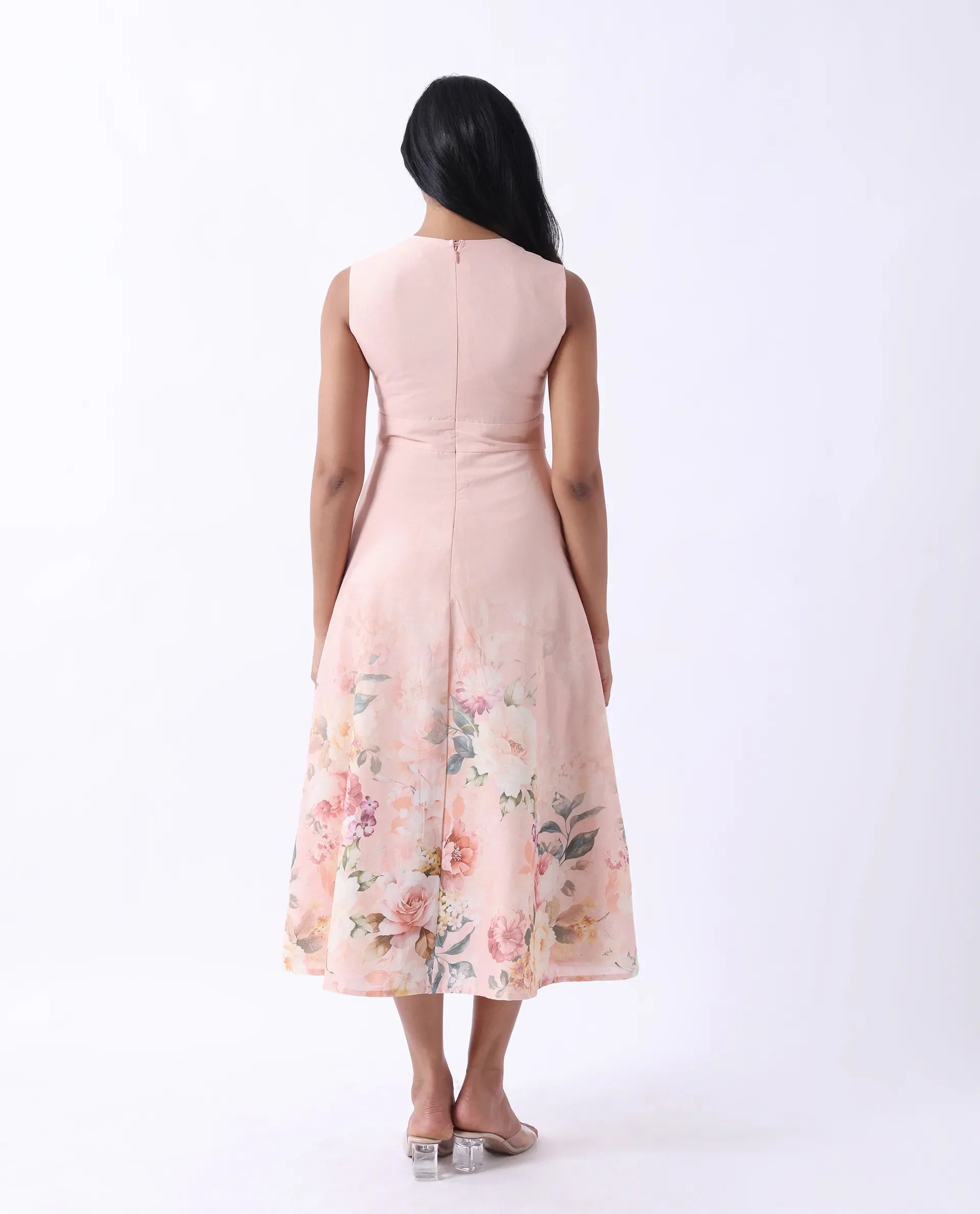 Rareism Women's Nugo Pink Viscose Blend V-Neck Floral Print Midi Dress