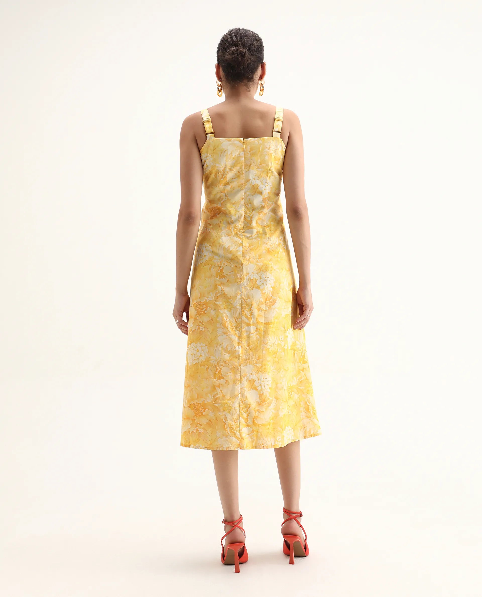 Rareism Women's Nujon Yellow Cotton Square Neck Floral Print Sleeveless Midi A-Line Dress