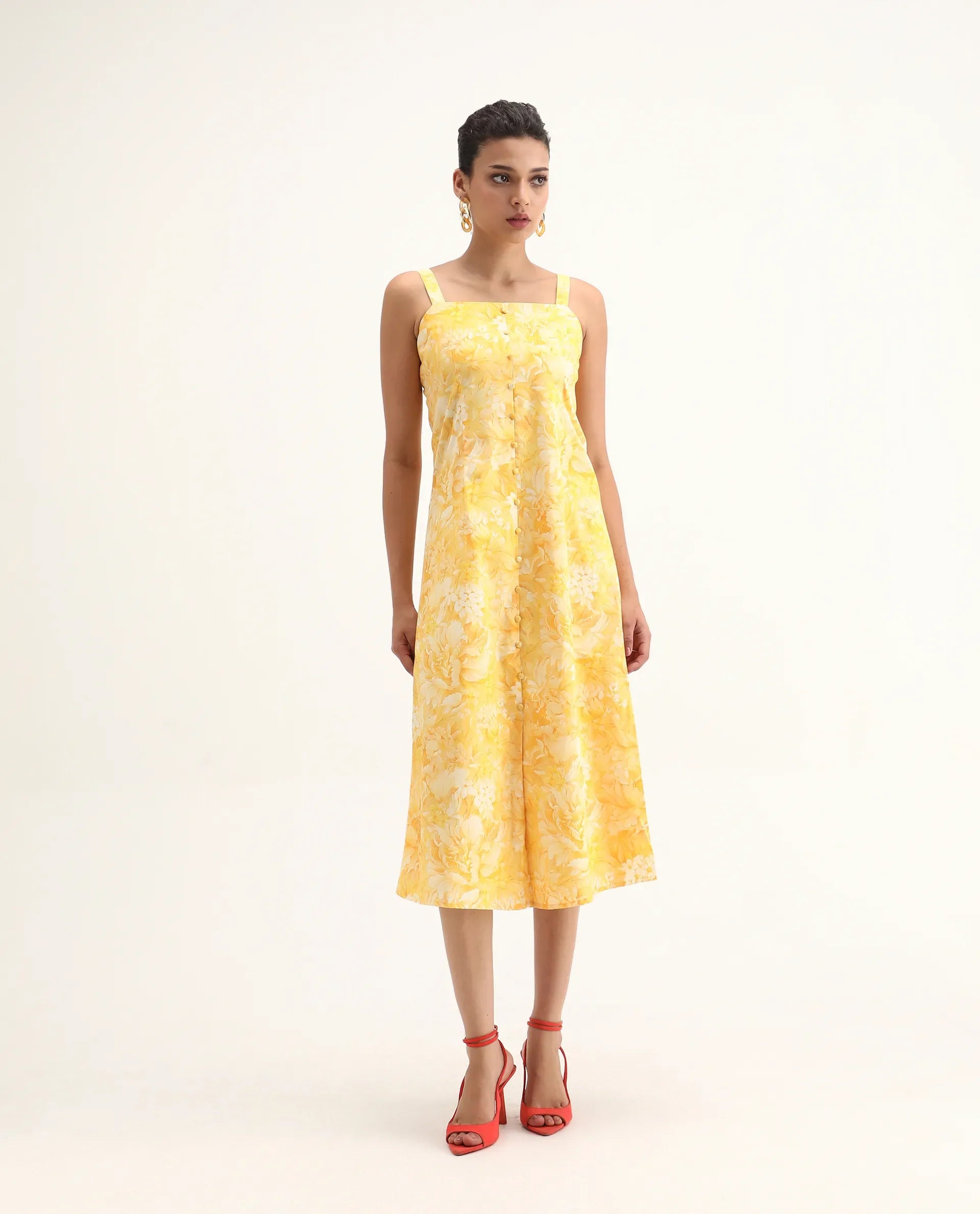 Rareism Women's Nujon Yellow Viscose Square Neck Floral Print Sleeveless Midi A-Line Dress