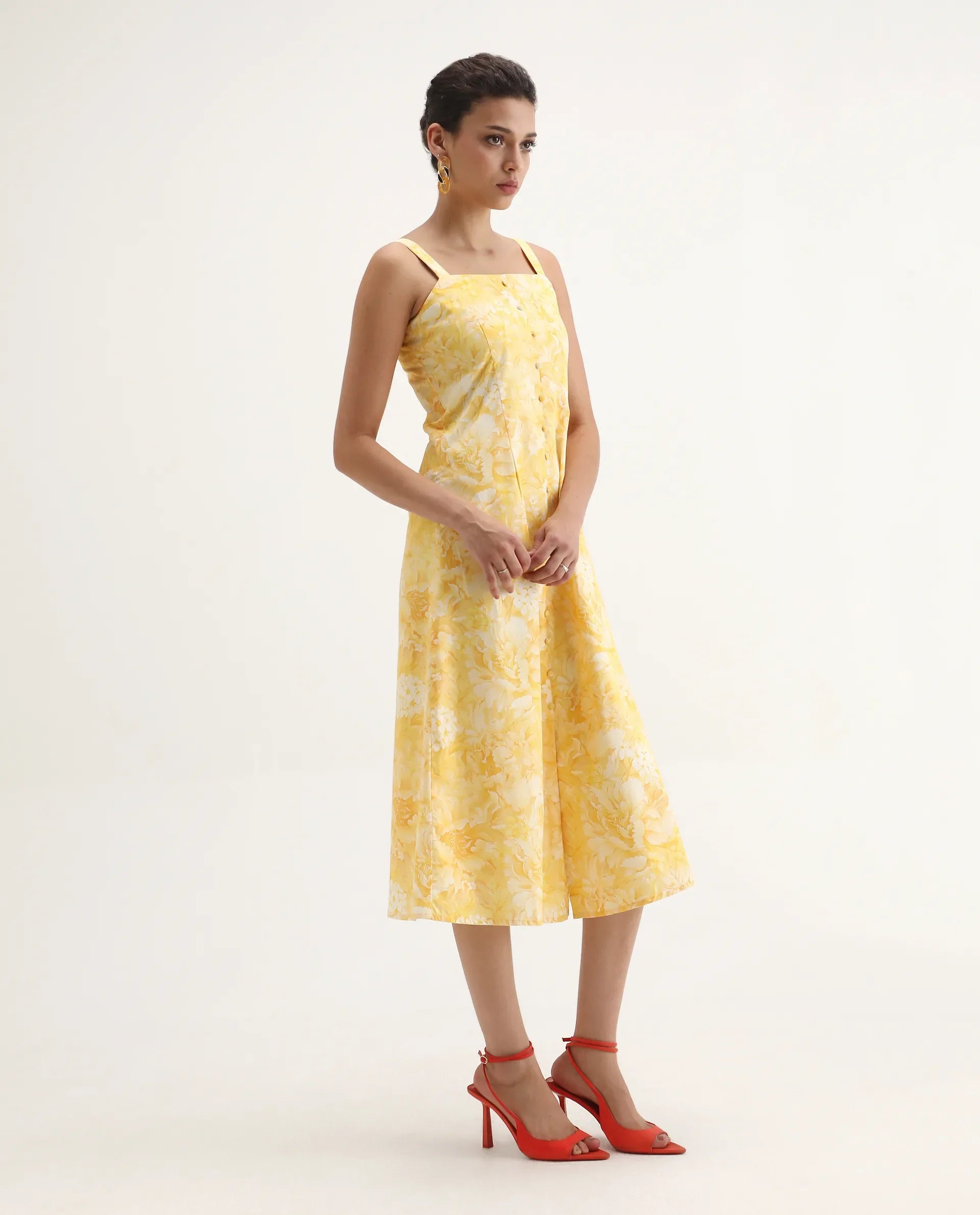 Rareism Women's Nujon Yellow Cotton Square Neck Floral Print Sleeveless Midi A-Line Dress