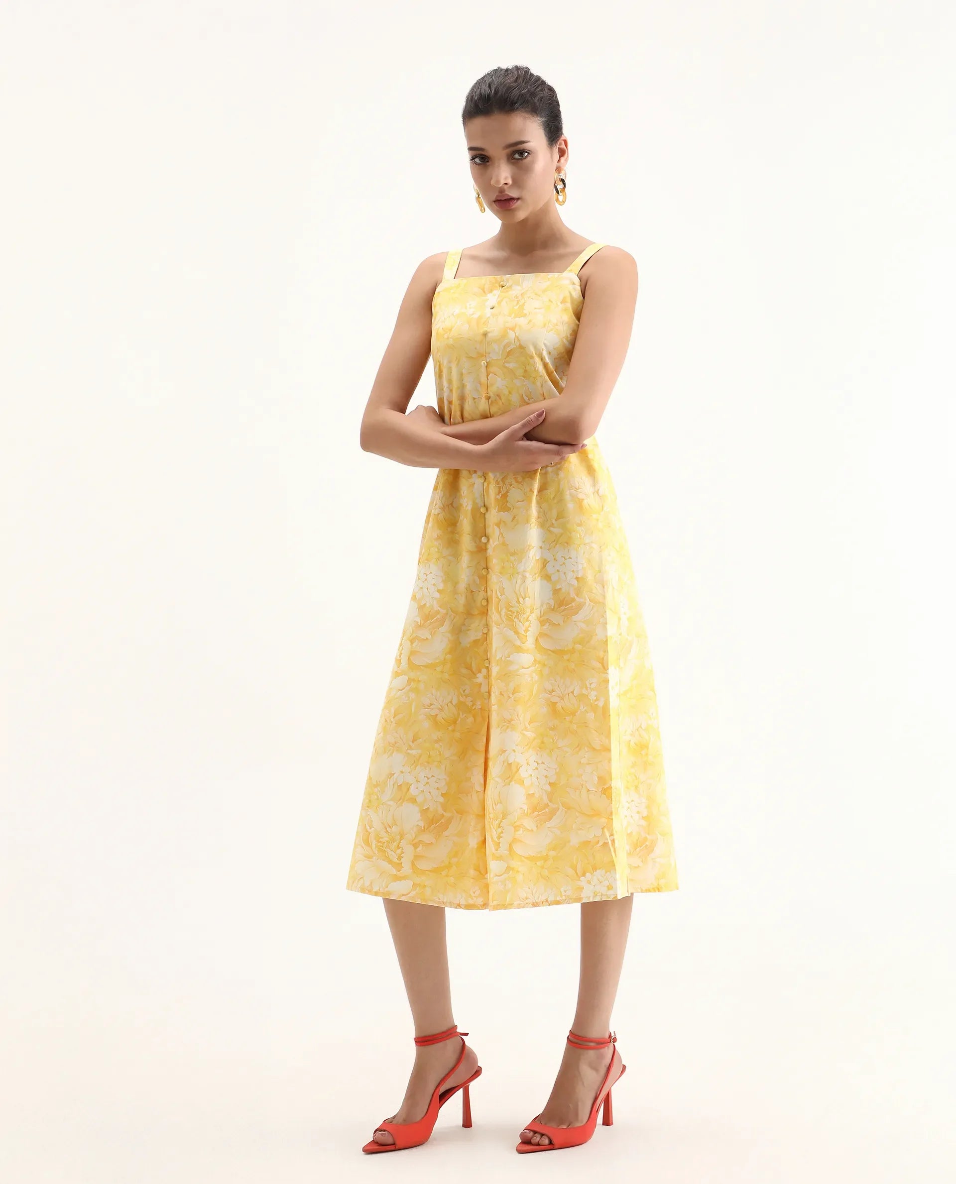 Rareism Women's Nujon Yellow Cotton Square Neck Floral Print Sleeveless Midi A-Line Dress