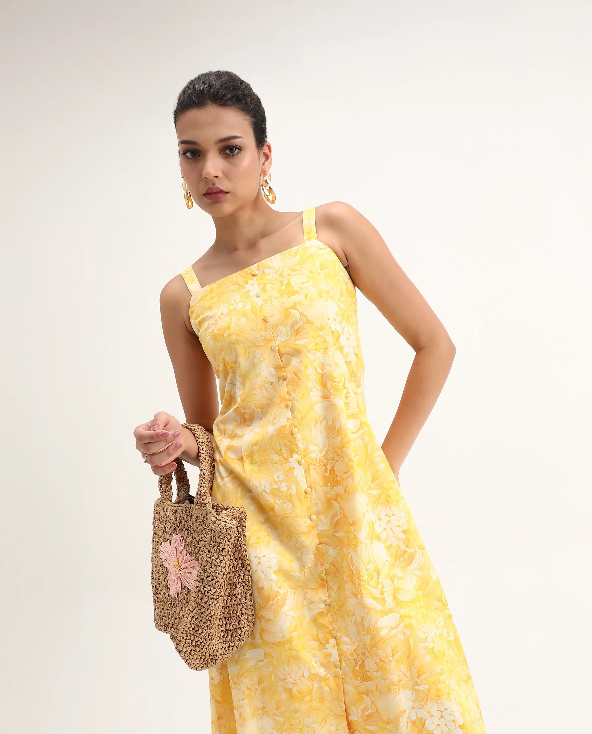 Rareism Women's Nujon Yellow Viscose Square Neck Floral Print Sleeveless Midi A-Line Dress