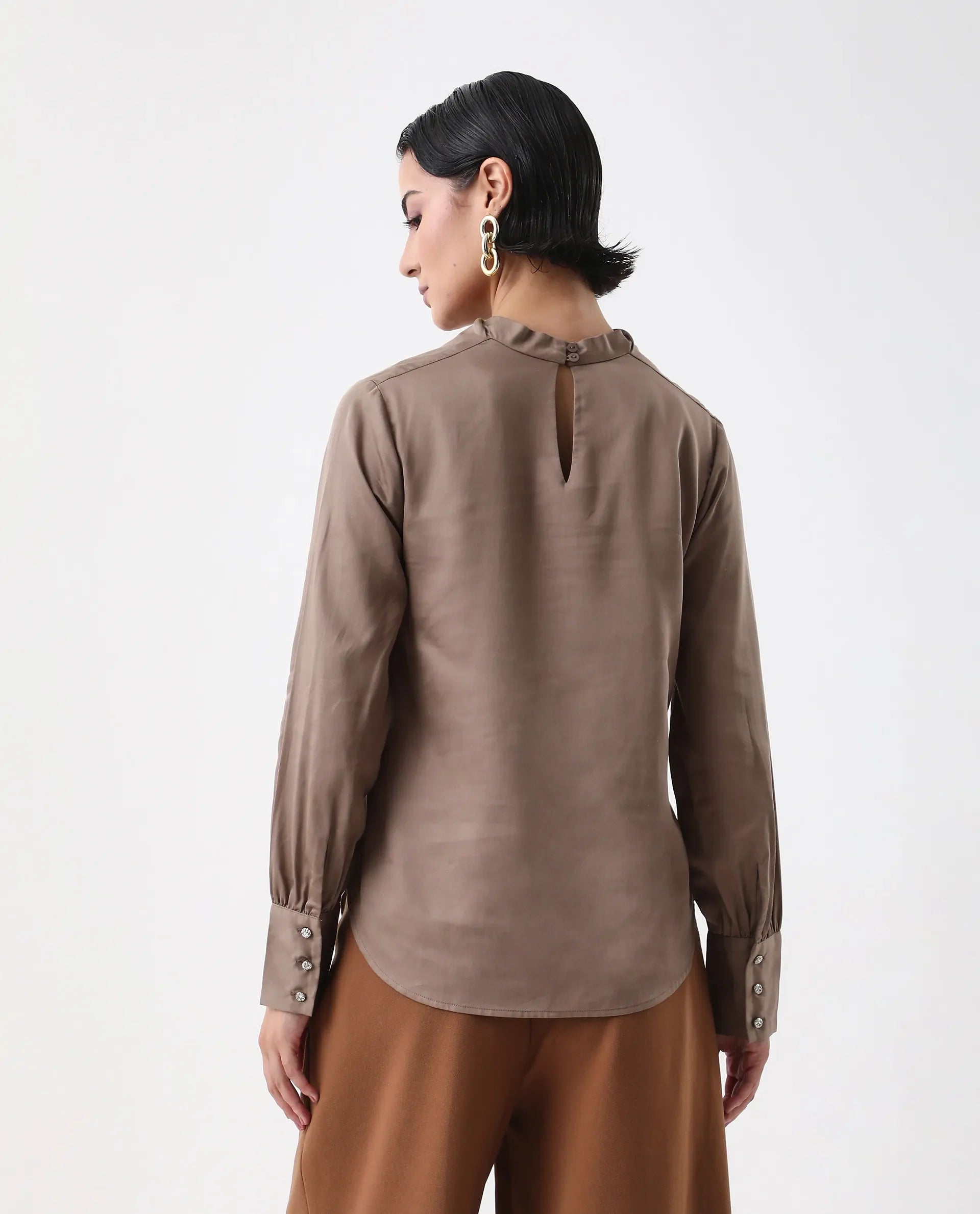 Rareism Women's Nujuno Beige Cotton Blend Cuffed Sleeve Cowl Neck Regular Fit Plain Top