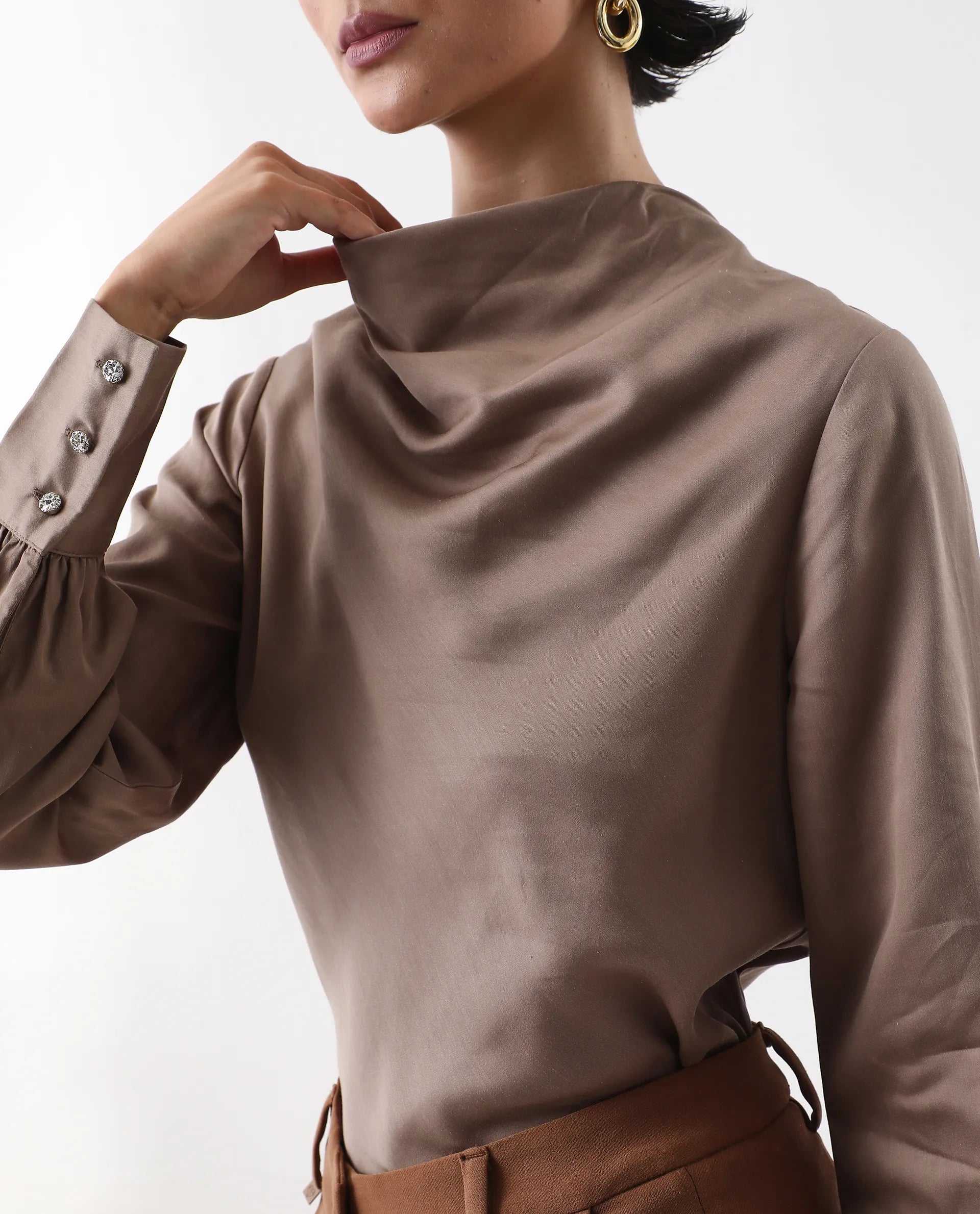 Rareism Women's Nujuno Beige Cotton Blend Cuffed Sleeve Cowl Neck Regular Fit Plain Top