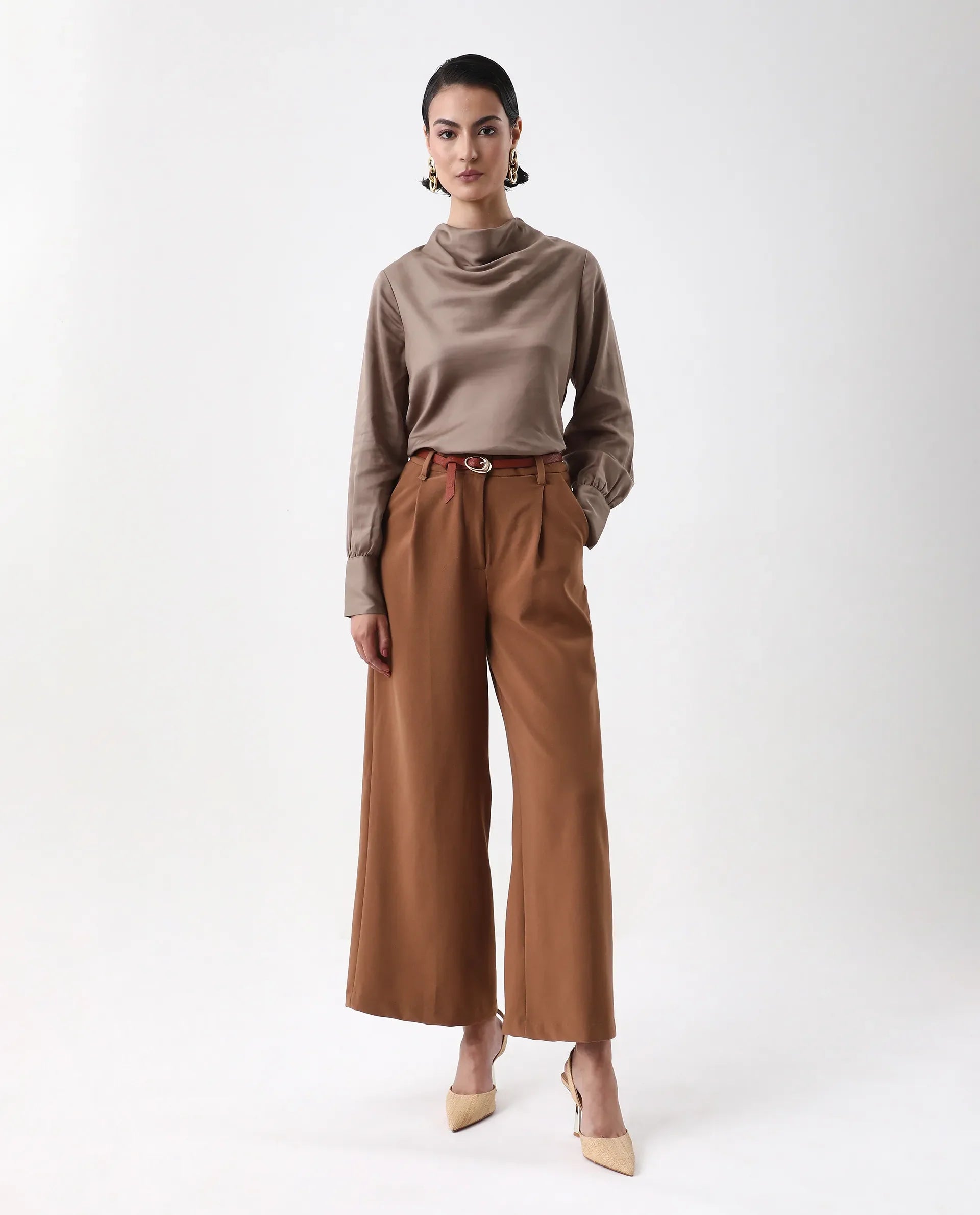 Rareism Women's Nujuno Beige Cotton Blend Cuffed Sleeve Cowl Neck Regular Fit Plain Top