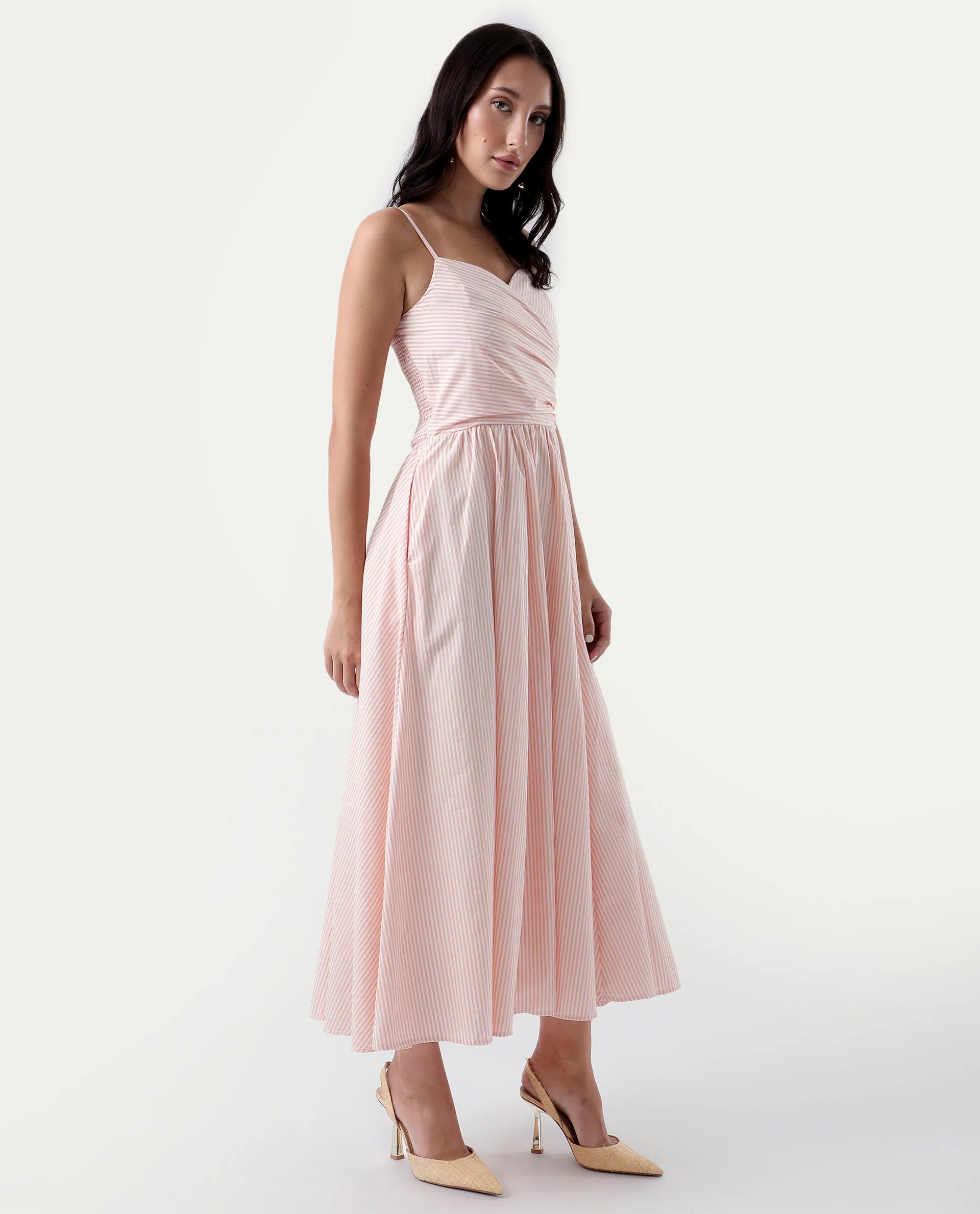 Rareism Women's Nuloon Pink Cotton Sweetheart Neck Striped Sleeveless Midi Fit And Flare Dress