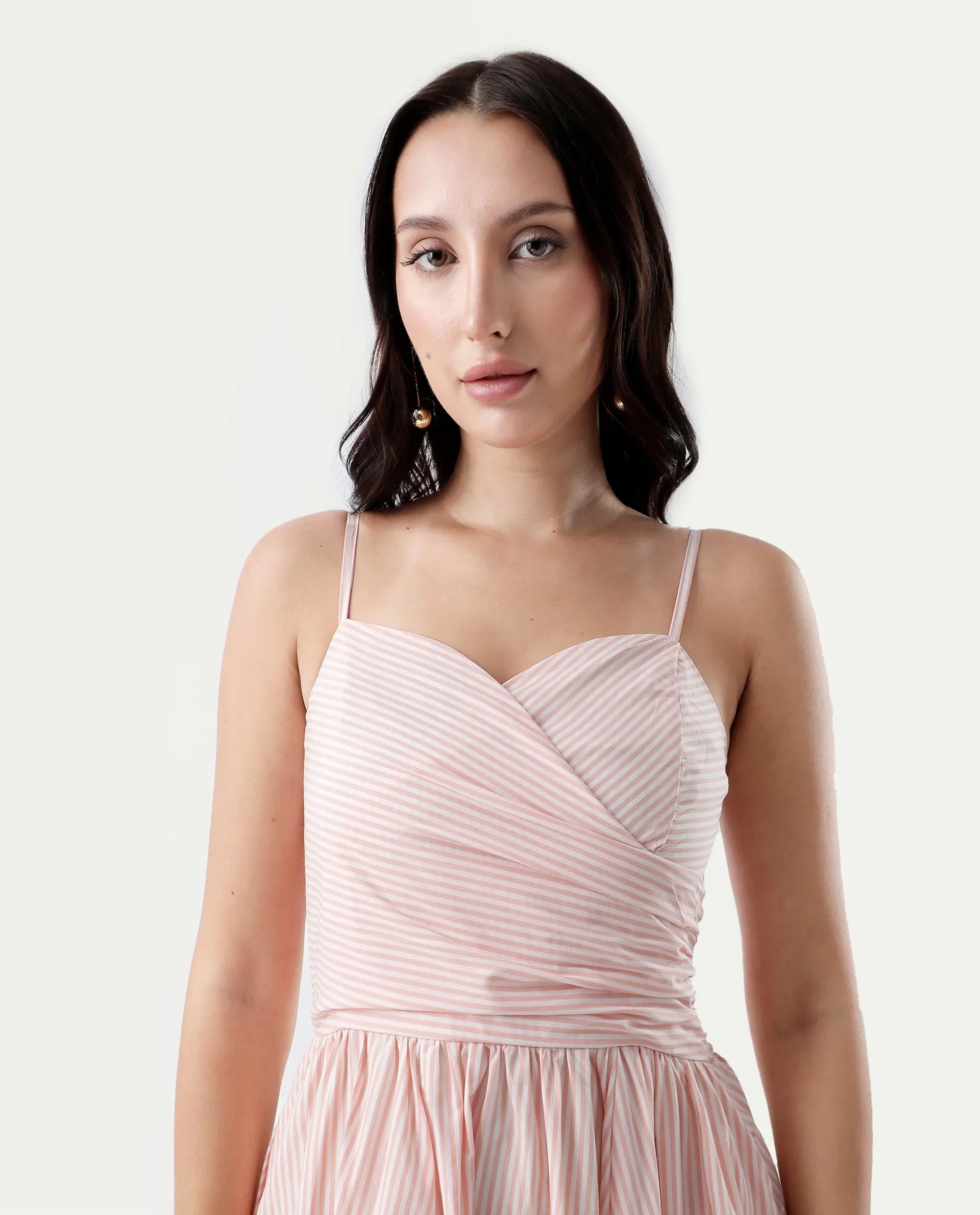 Rareism Women's Nuloon Pink Cotton Sweetheart Neck Striped Sleeveless Midi Fit And Flare Dress