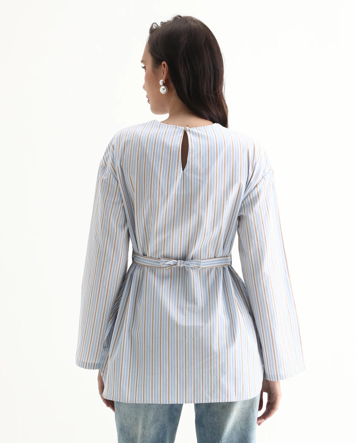 Rareism Women's Nulu Light Blue Cotton Extended Sleeves Round Neck Regular Fit Top