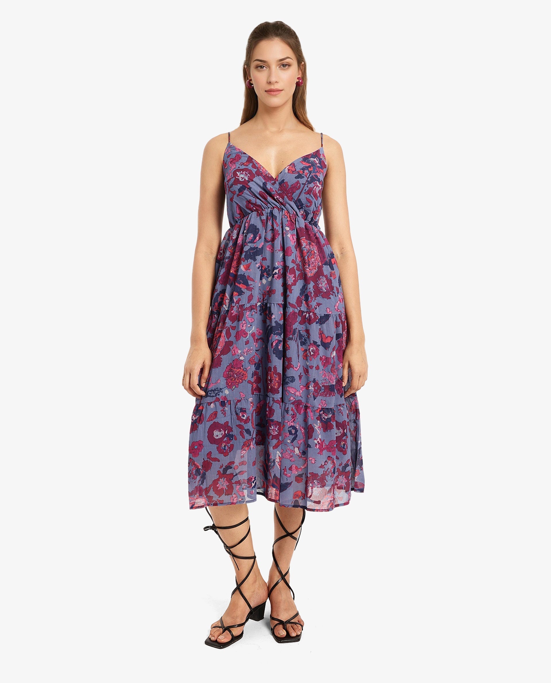 Rareism Women's Nuno Light Multi  Shoulder Straps Tie-Up Closure Sleeveless Floral Print Fit And Flare Midi Dress