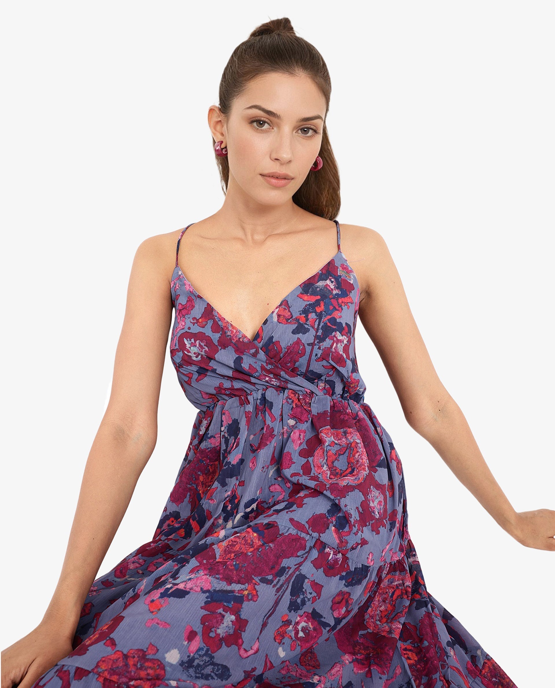 Rareism Women's Nuno Light Multi Polyester Shoulder Strap Floral Print Sleeveless Midi Fit And Flare Dress